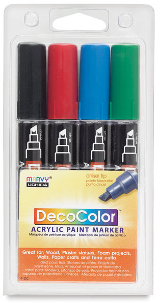 Decocolor Acrylic Paint Marker Set - Set of 4 Primary colors with chisel tip shown in package