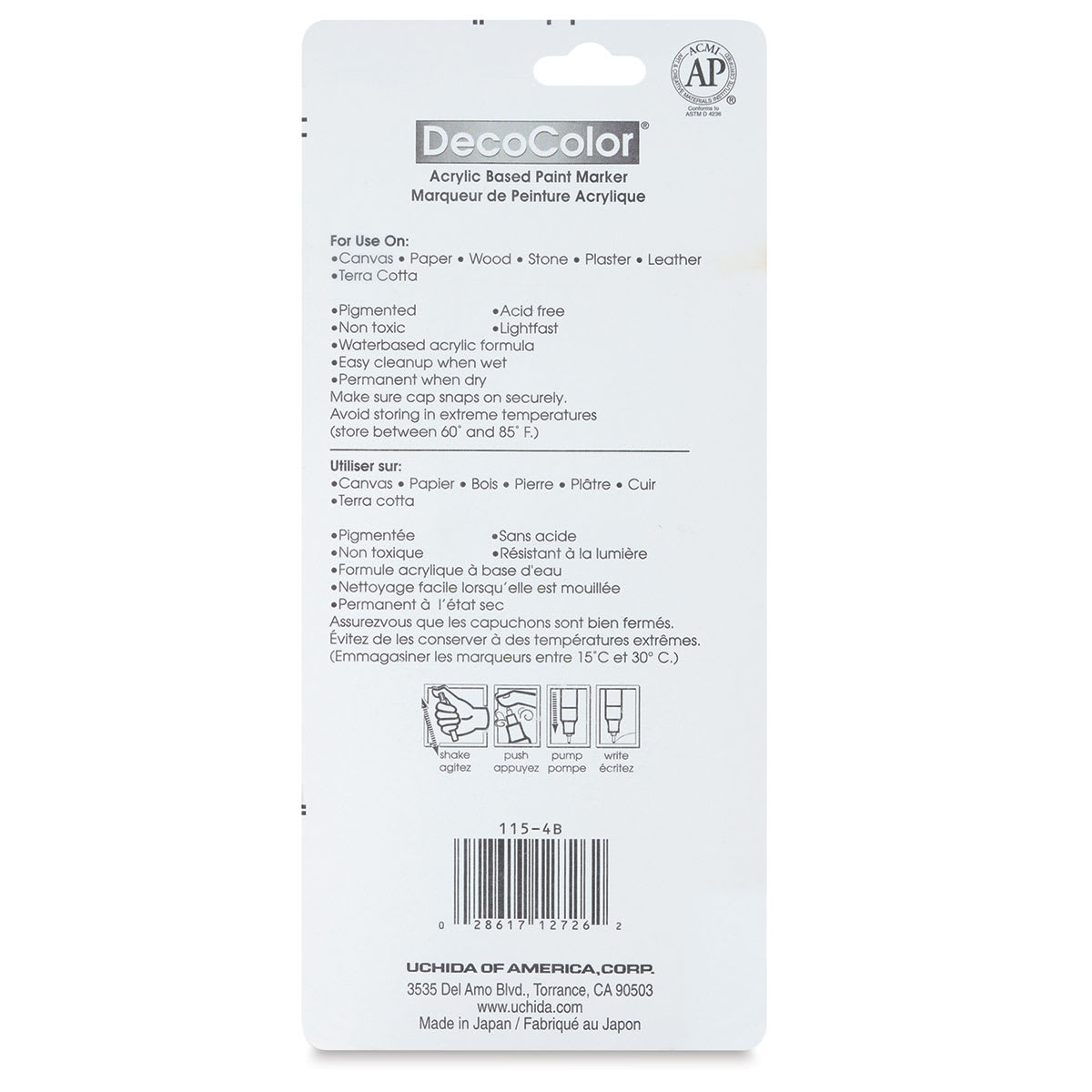 Decocolor Acrylic Paint Markers - Basic Colors, Set of 4, Extra Fine (back of package)