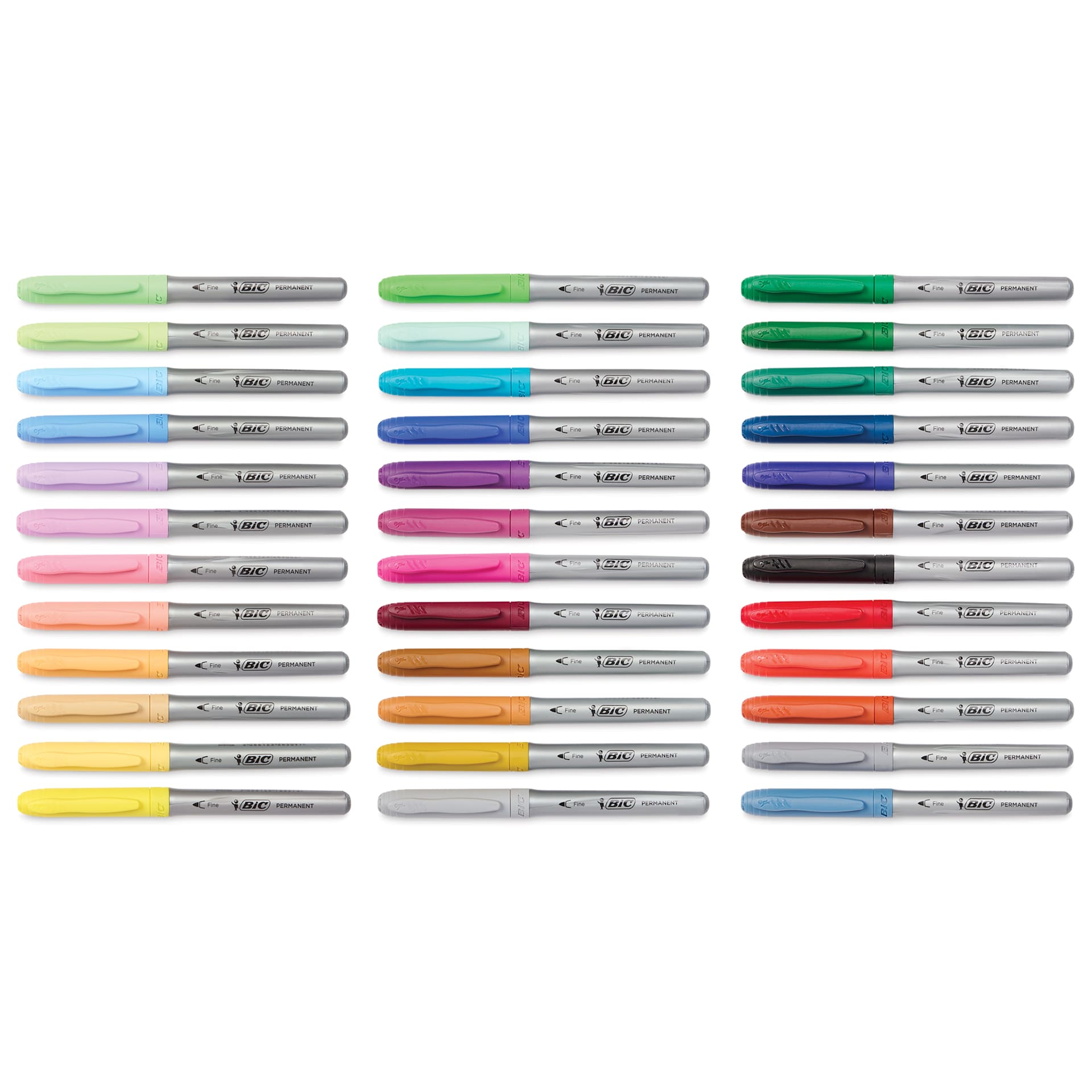 Bic Intensity Permanent Markers - Assorted Colors, Fine Tip, Set of 36, laid out with caps on