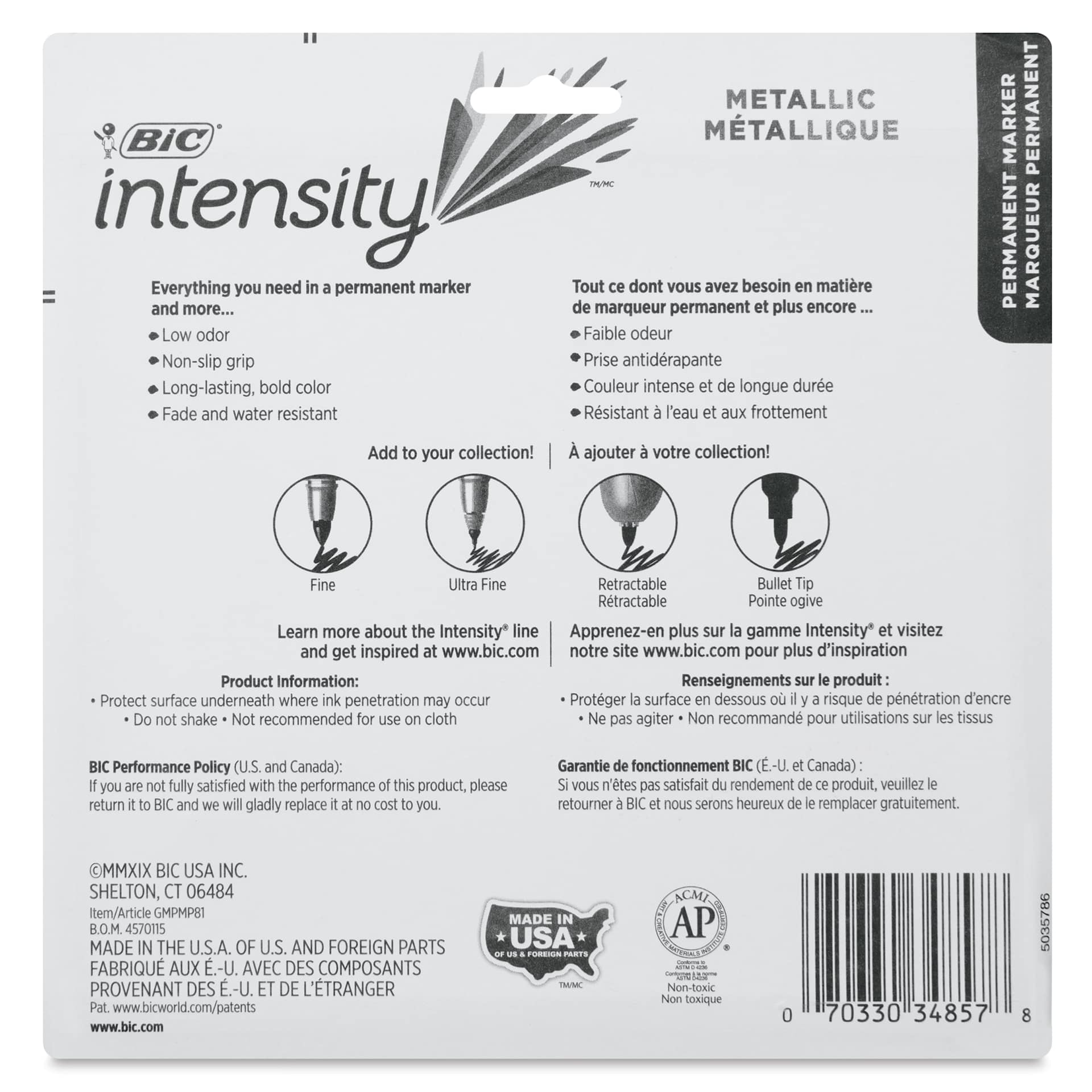 Bic Intensity Permanent Markers - Metallic Colors, Fine Tip, Set of 8, back of the packaging