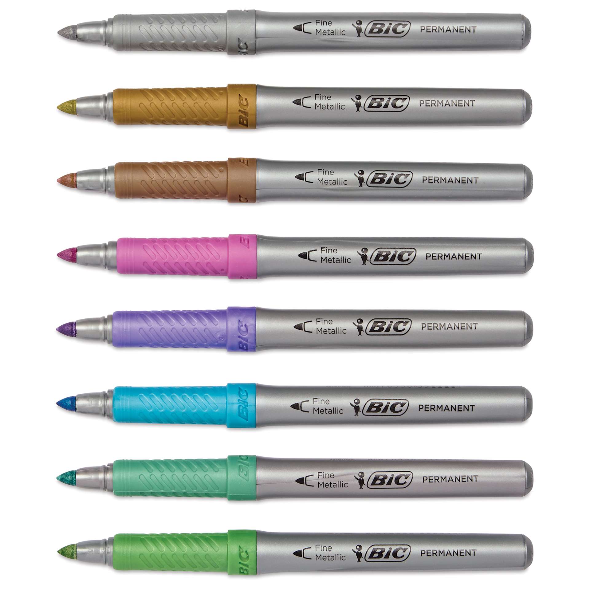 Bic Intensity Permanent Markers - Metallic Colors, Fine Tip, Set of 8, laid out with caps off