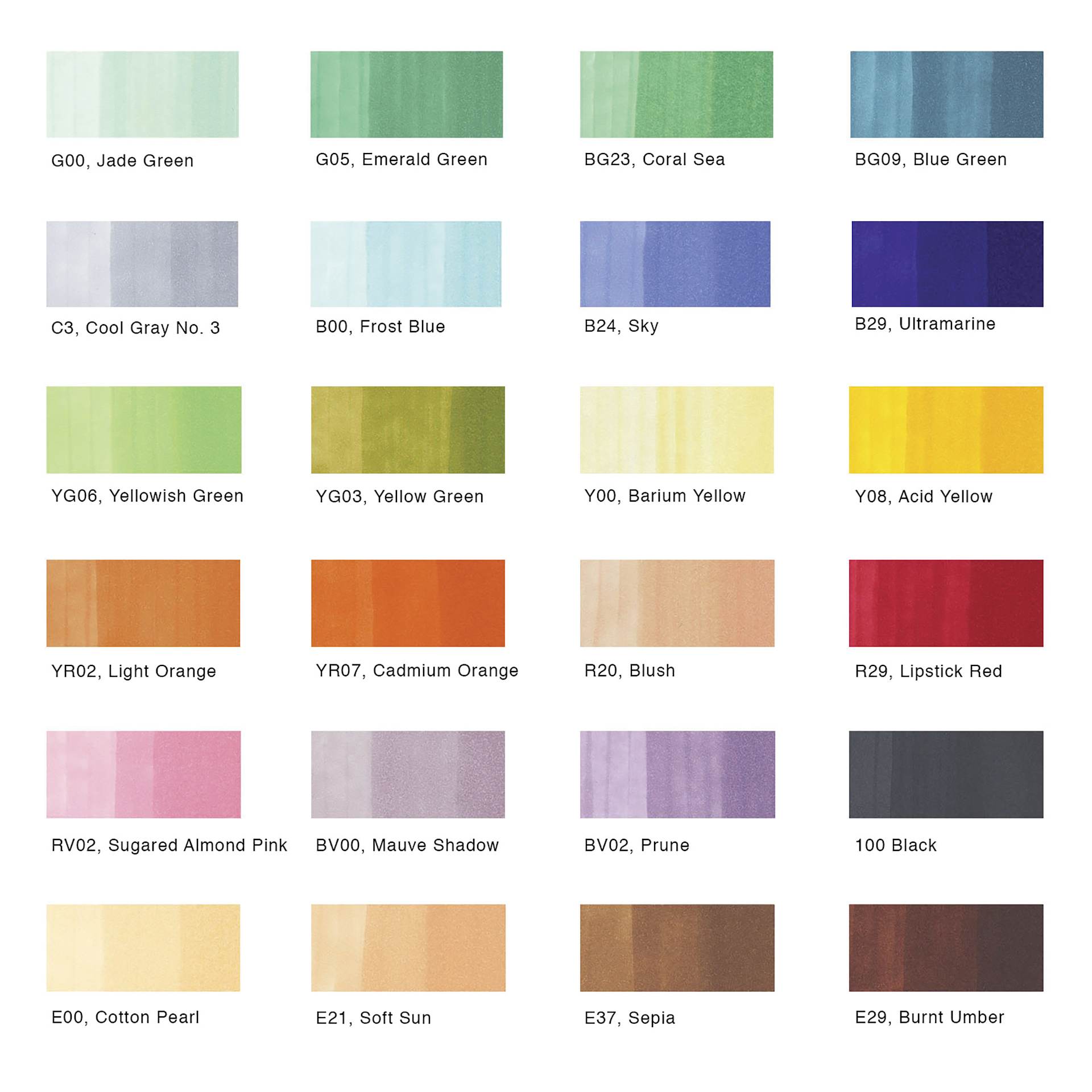 Copic Ciao Double Ended Markers - Assorted Colors, Set of 24, color swatches Copic Ciao Double Ended Markers - Assorted Colors, Set of 24, color swatches