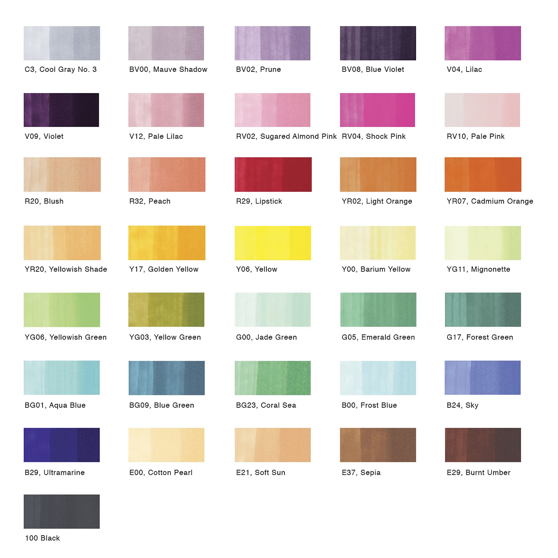 Copic Ciao Double Ended Markers - Set A, Set of 36, color swatches Copic Ciao Double Ended Markers - Set A, Set of 36, color swatches