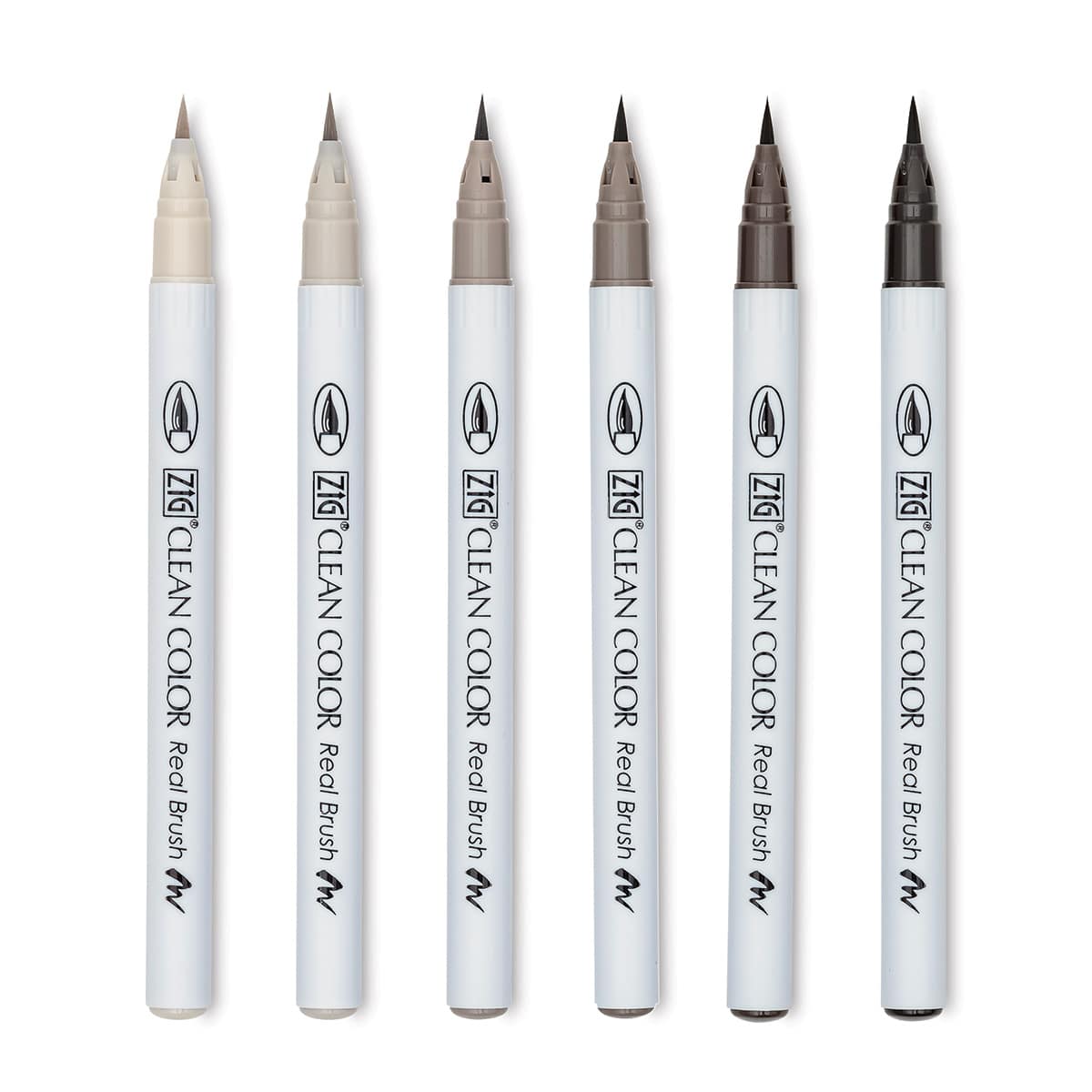 Kuretake Zig Clean Color Real Brush Pens - Warm Grey, Set of 6 (set contents)
