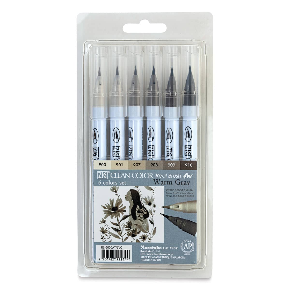 Zig Clean Color Real Brush Pen - Front of package of Warm Grey Set of 6 shown