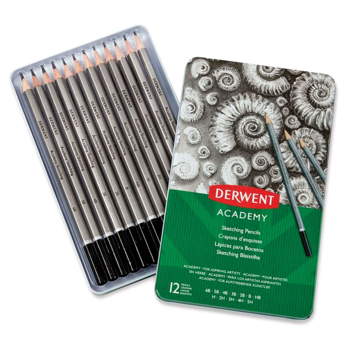 Derwent Academy Sketching Pencil Set - Set of 12 pencils shown in storage tray with lid adjacent