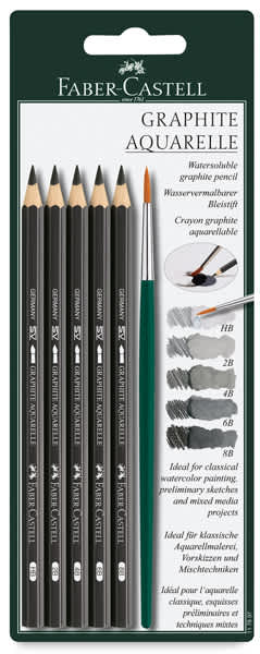 Faber-Castell Graphite Aquarelle Pencil Set - Front of Blister package showing 5 pencils and brush Faber-Castell Graphite Aquarelle Pencil Set - Front of Blister package showing 5 pencils and brush