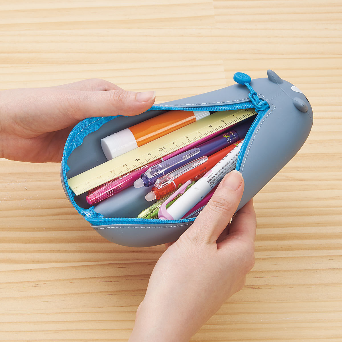 PuniLabo Lying Down Zipper Pouch - Gray Cat (open with supplies inside, supplies not included)