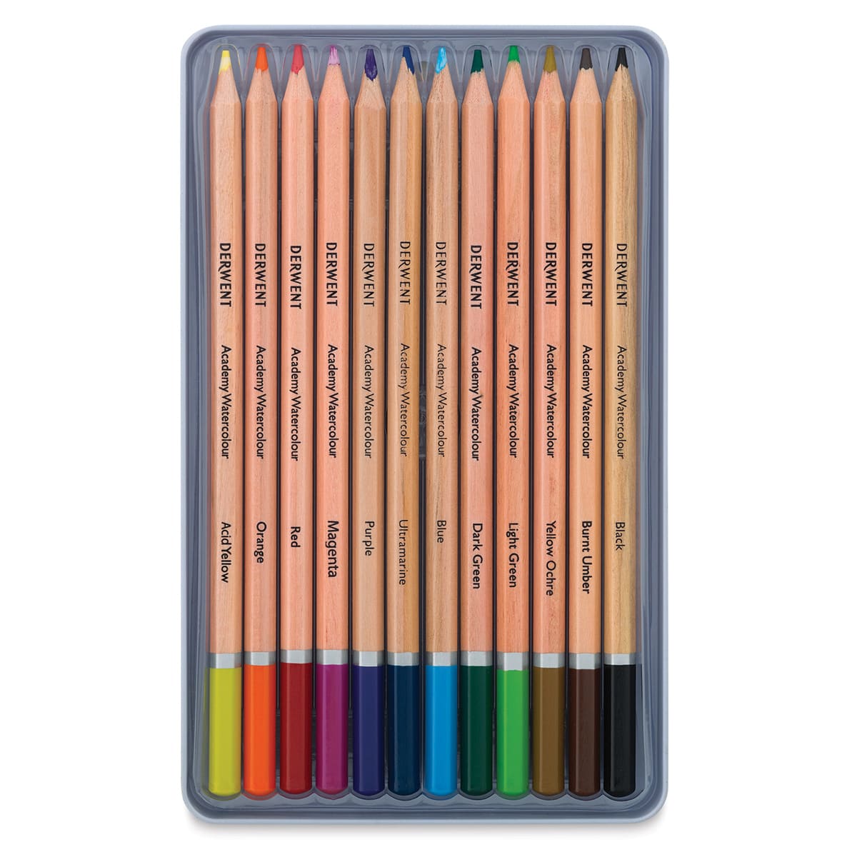 Derwent Academy Watercolor Pencils - Open package of set of 12 showing pencils in storage tray Derwent Academy Watercolor Pencils - Open package of set of 12 showing pencils in storage tray