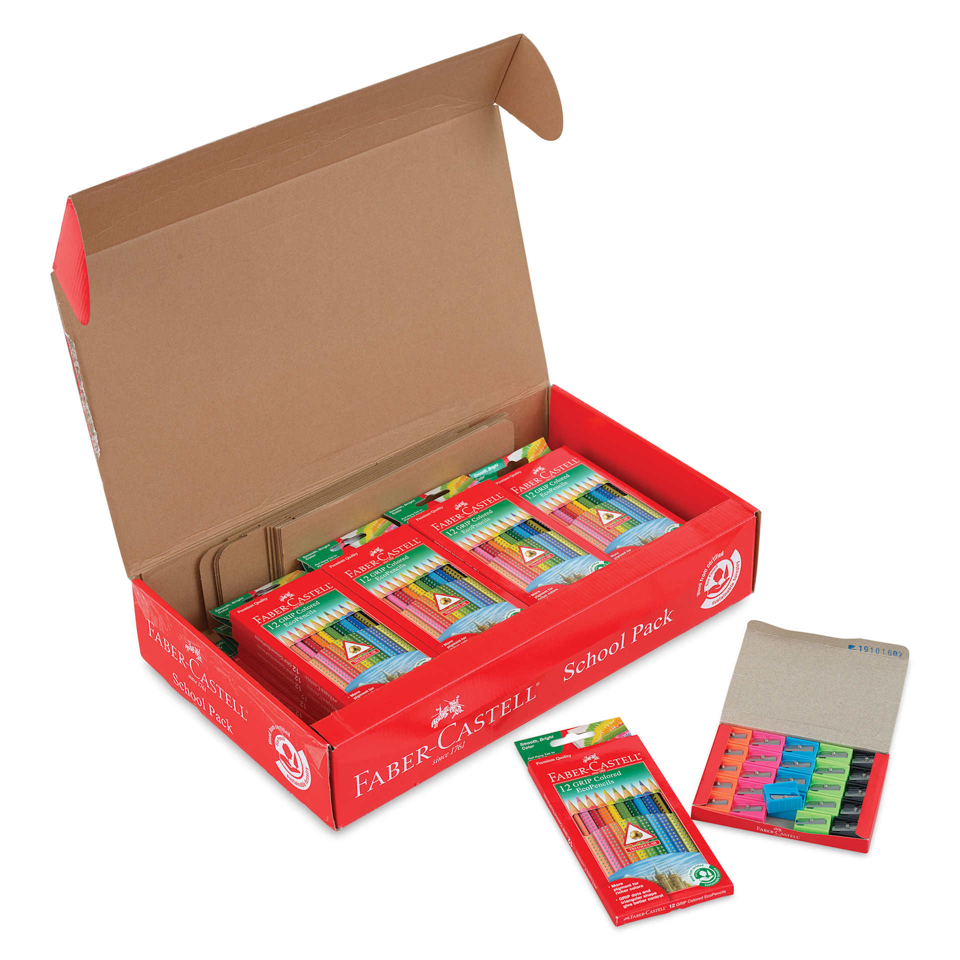 Faber-Castell Grip Colored EcoPencils - Set of 300, opened box showing pencil sets and sharpeners
