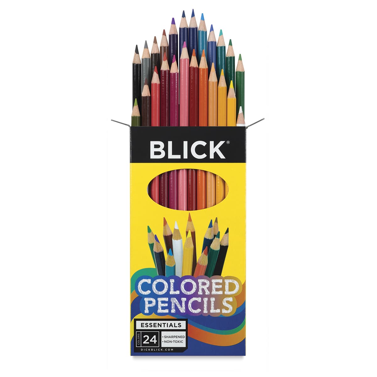 Blick Essentials Colored Pencil Set of 24 - Assorted Colors. Top of package open. Blick Essentials Colored Pencil Set of 24 - Assorted Colors. Top of package open.