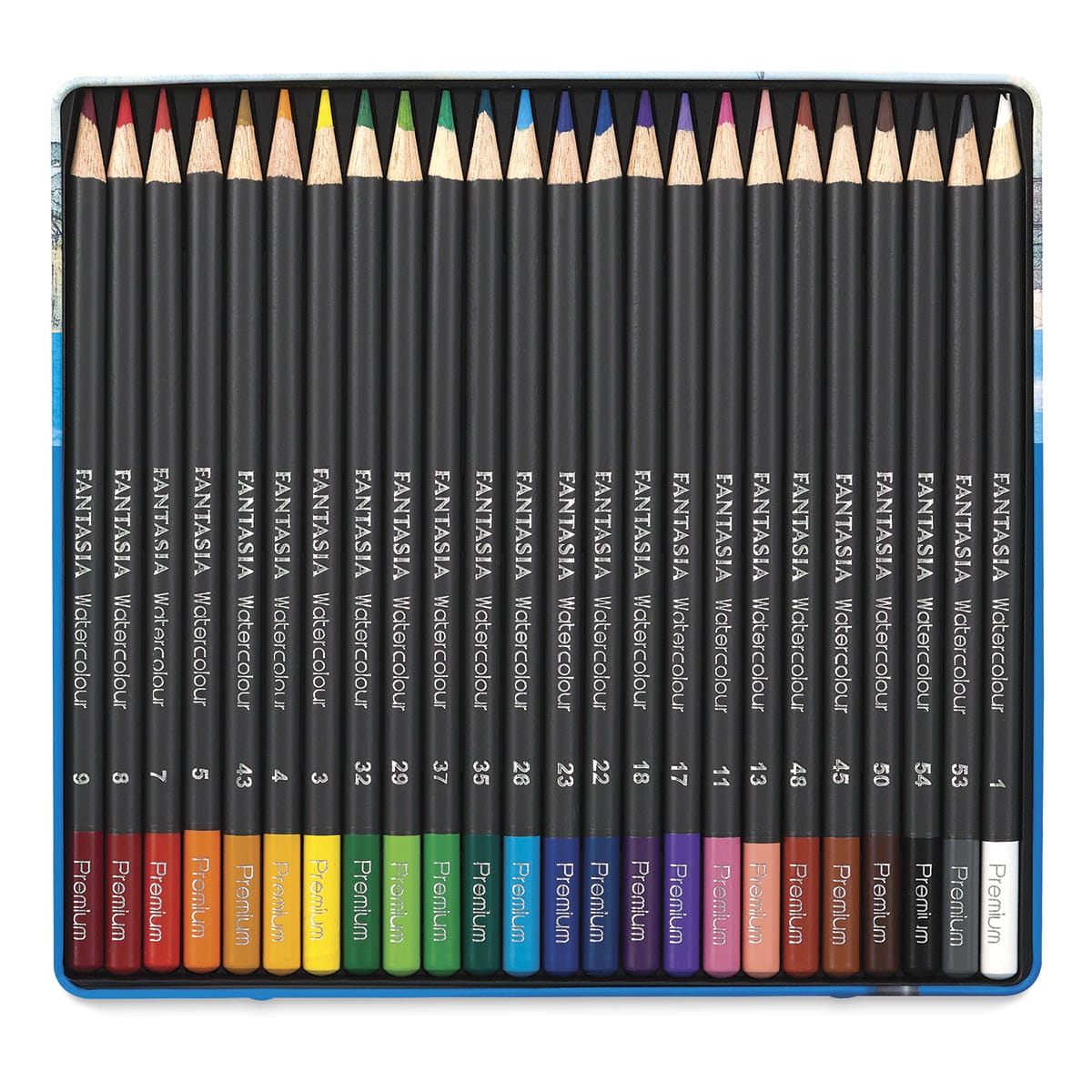 Fantasia Watercolor Pencils - 24 Watercolor pencils shown in open storage tray