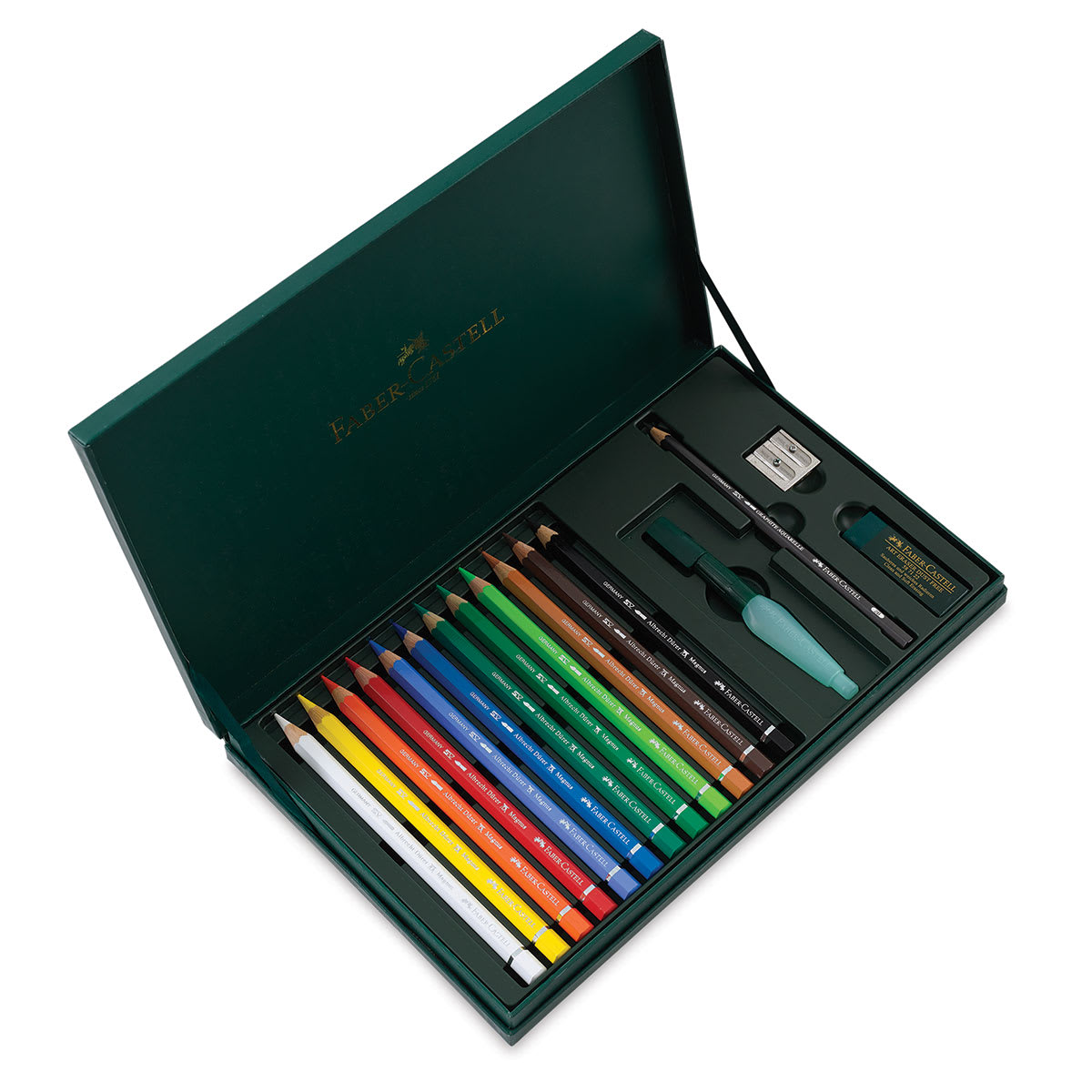Albrecht Dürer Magnus Watercolor Pencils - 16 pc Gift Set shown open in hinged box 