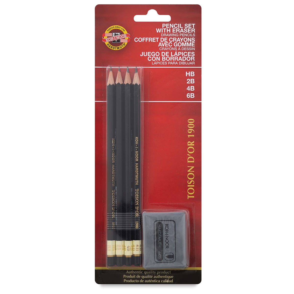 Toison D'or Professional Graphite Pencil Set - Front of blister package of 4 Pencils and Eraser
