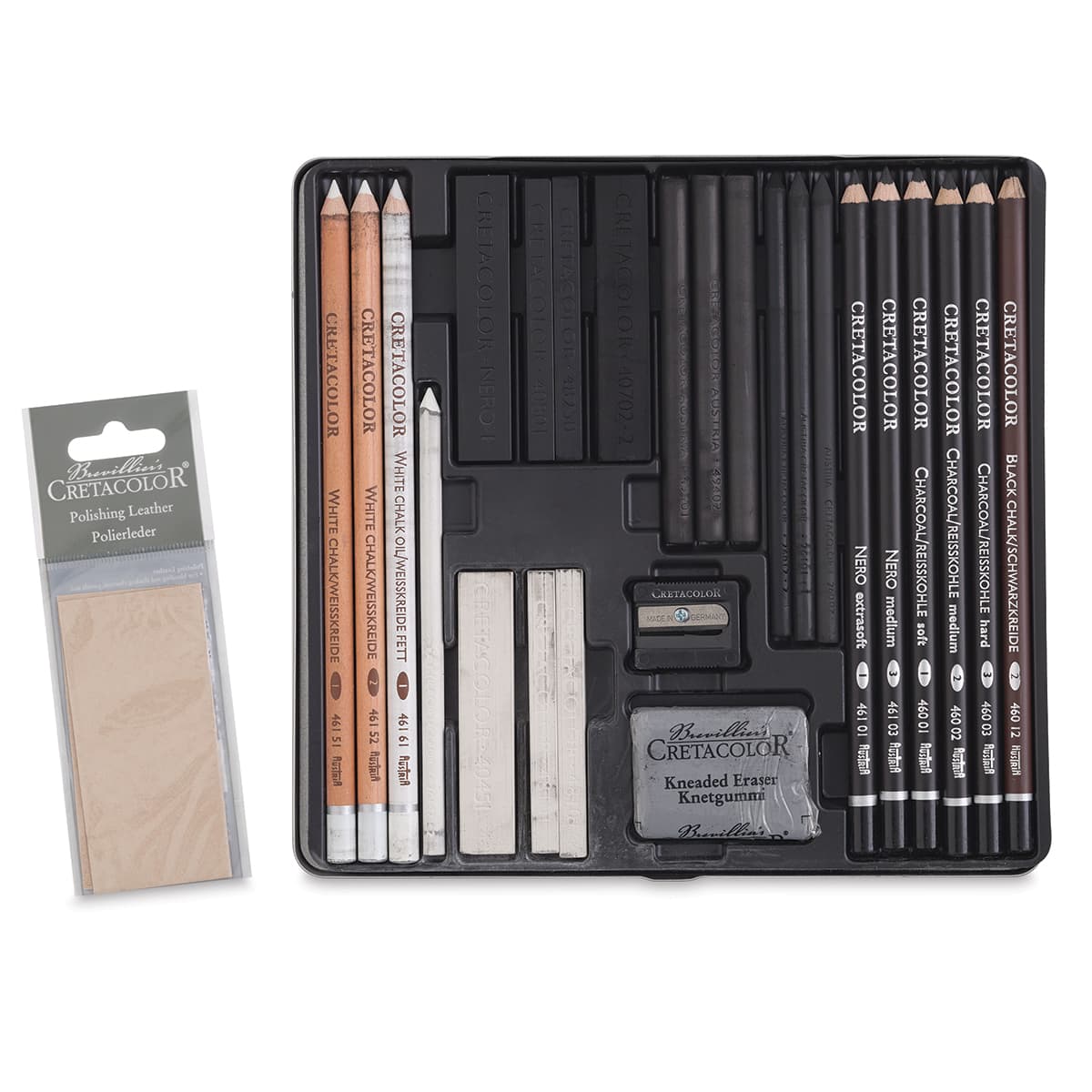 Cretacolor Black & White Drawing Set - Components of set shown in storage Tray Cretacolor Black & White Drawing Set - Components of set shown in storage Tray