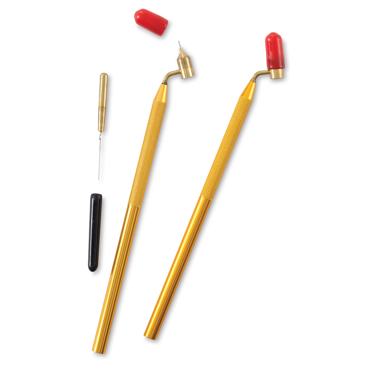 Kingart Painting Pens - 2 Pen Set shown upright with 1 cap removed and ink well adjacent
