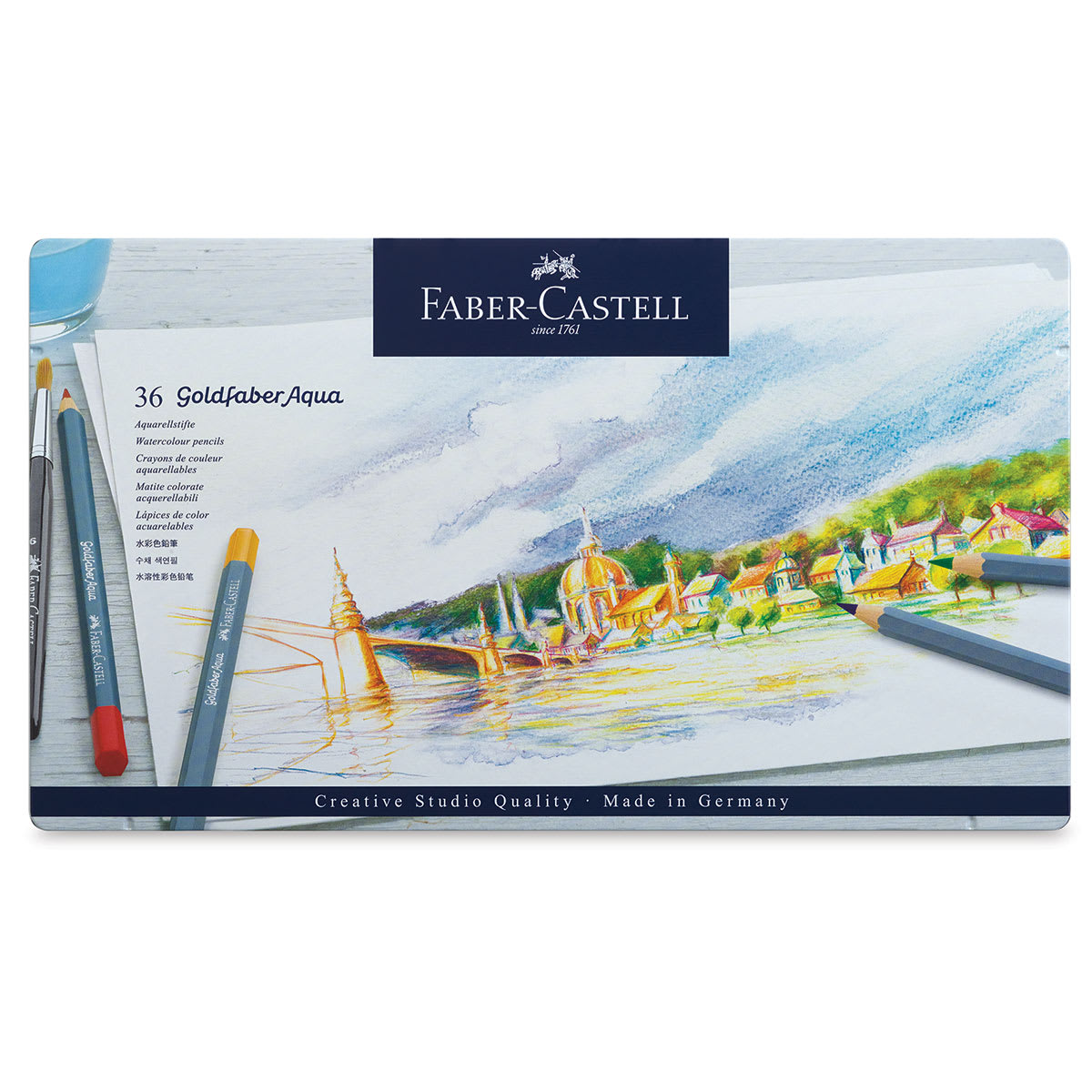 Faber-Castell Goldfaber Aqua Watercolor Pencils - Set of 36 (Front of package) Faber-Castell Goldfaber Aqua Watercolor Pencils - Set of 36 (Front of package)