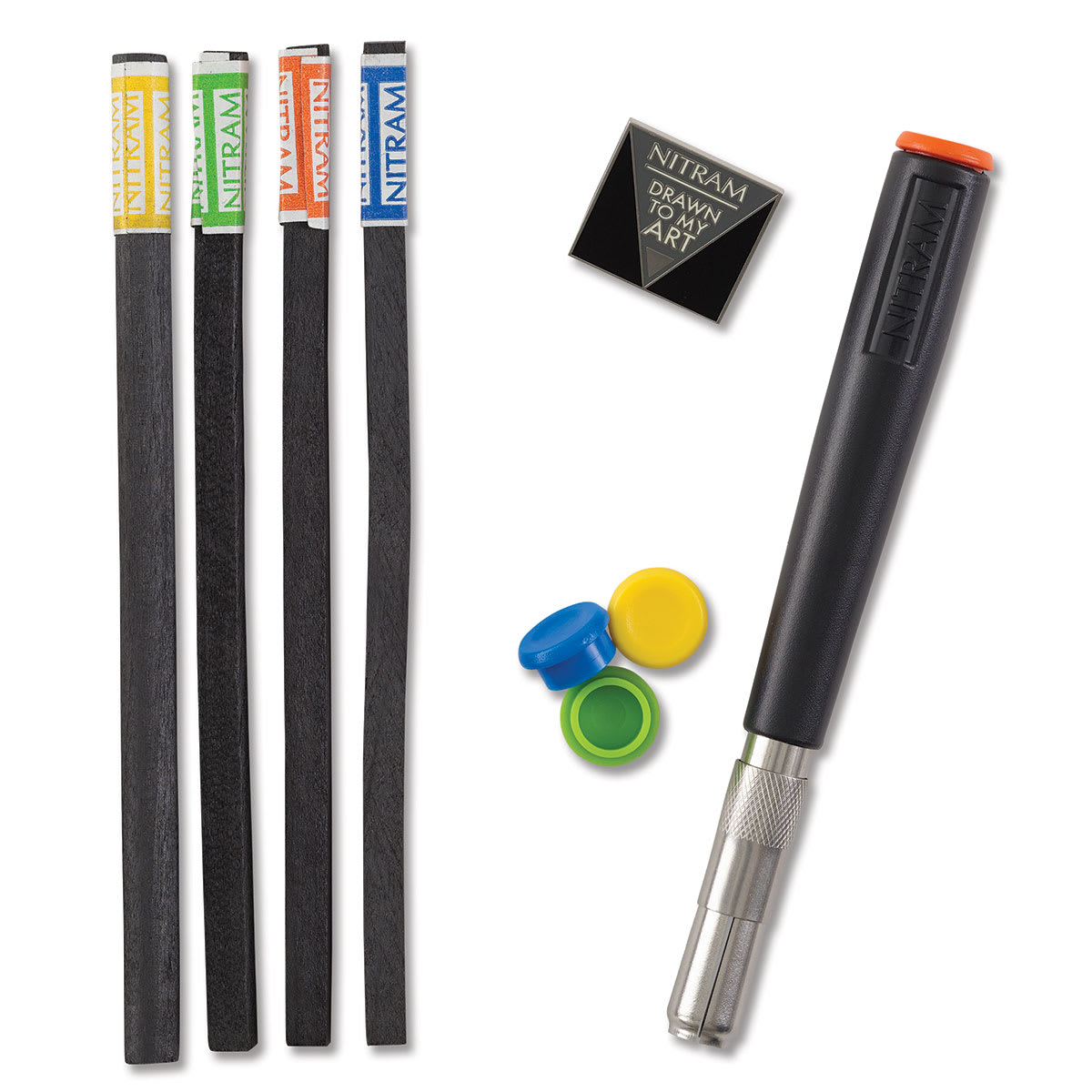 Nitram Stylus and Soft Charcoal Sticks - Set of 4 Charcoal sticks, Stylus and color coded caps shown Nitram Stylus and Soft Charcoal Sticks - Set of 4 Charcoal sticks, Stylus and color coded caps shown
