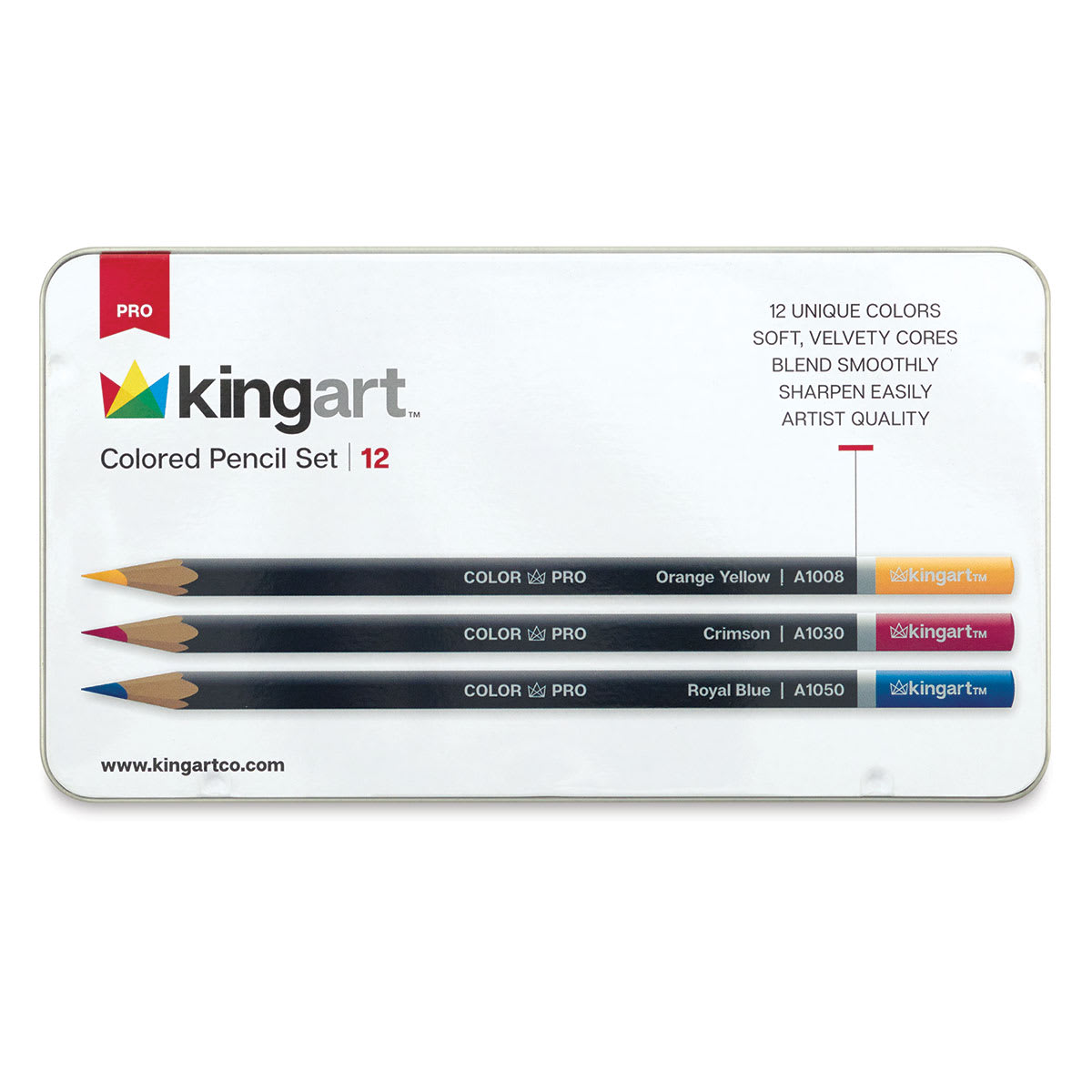 Kingart Colored Pencil Sets - Top view of metal package of 12 pencils