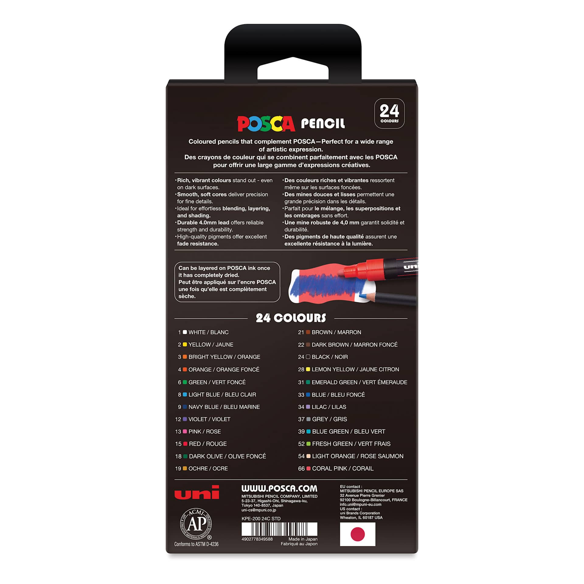 Posca Colored Pencils - Set of 24, Assorted Colors, back of packaging