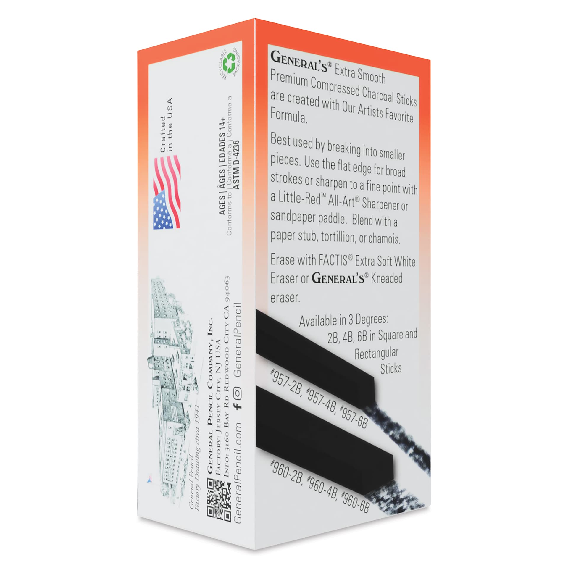 General's Compressed Charcoal - 6B, Pkg of 12, back of packaging