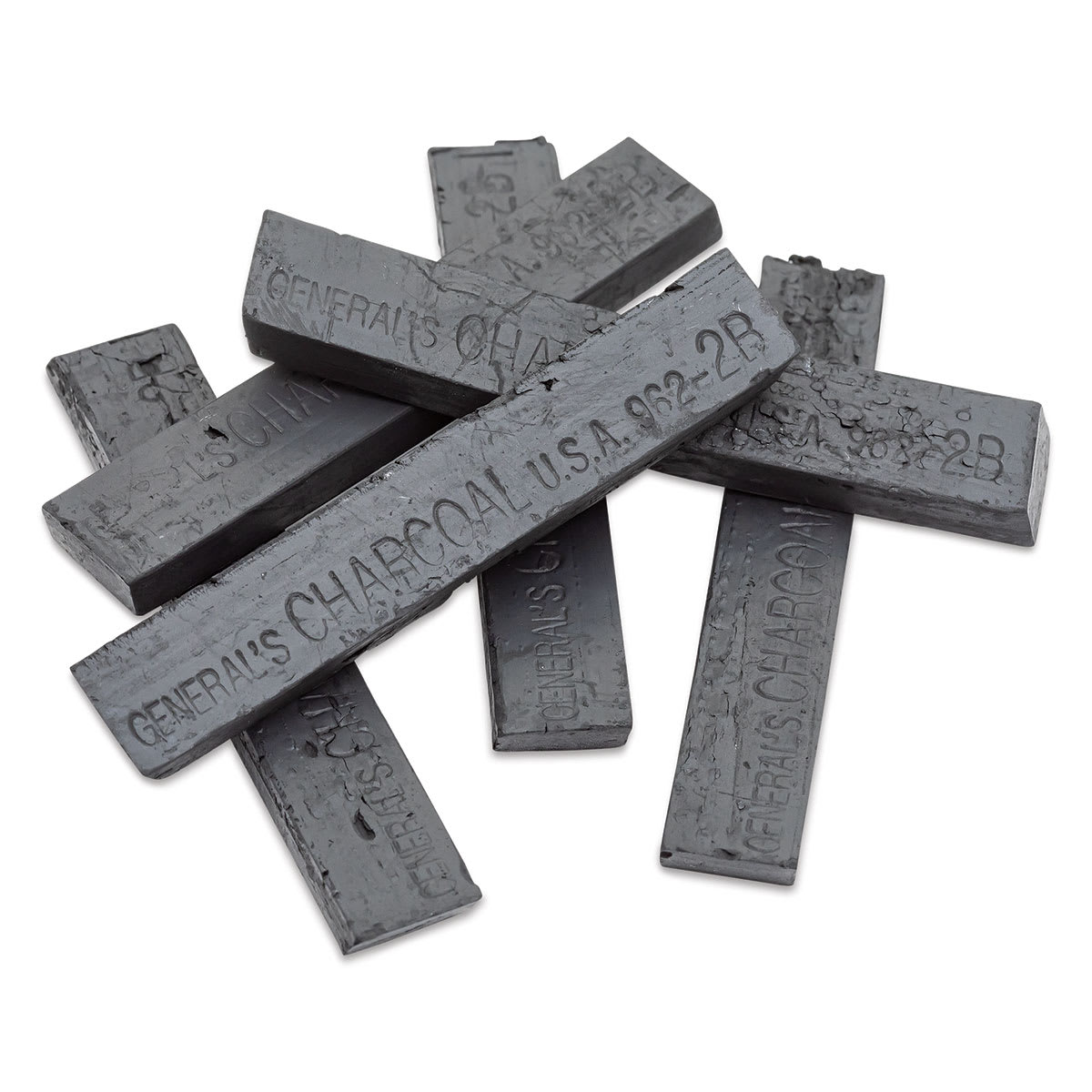General’s Jumbo Compressed Charcoal - 2B, Box of 6 Sticks, laid out