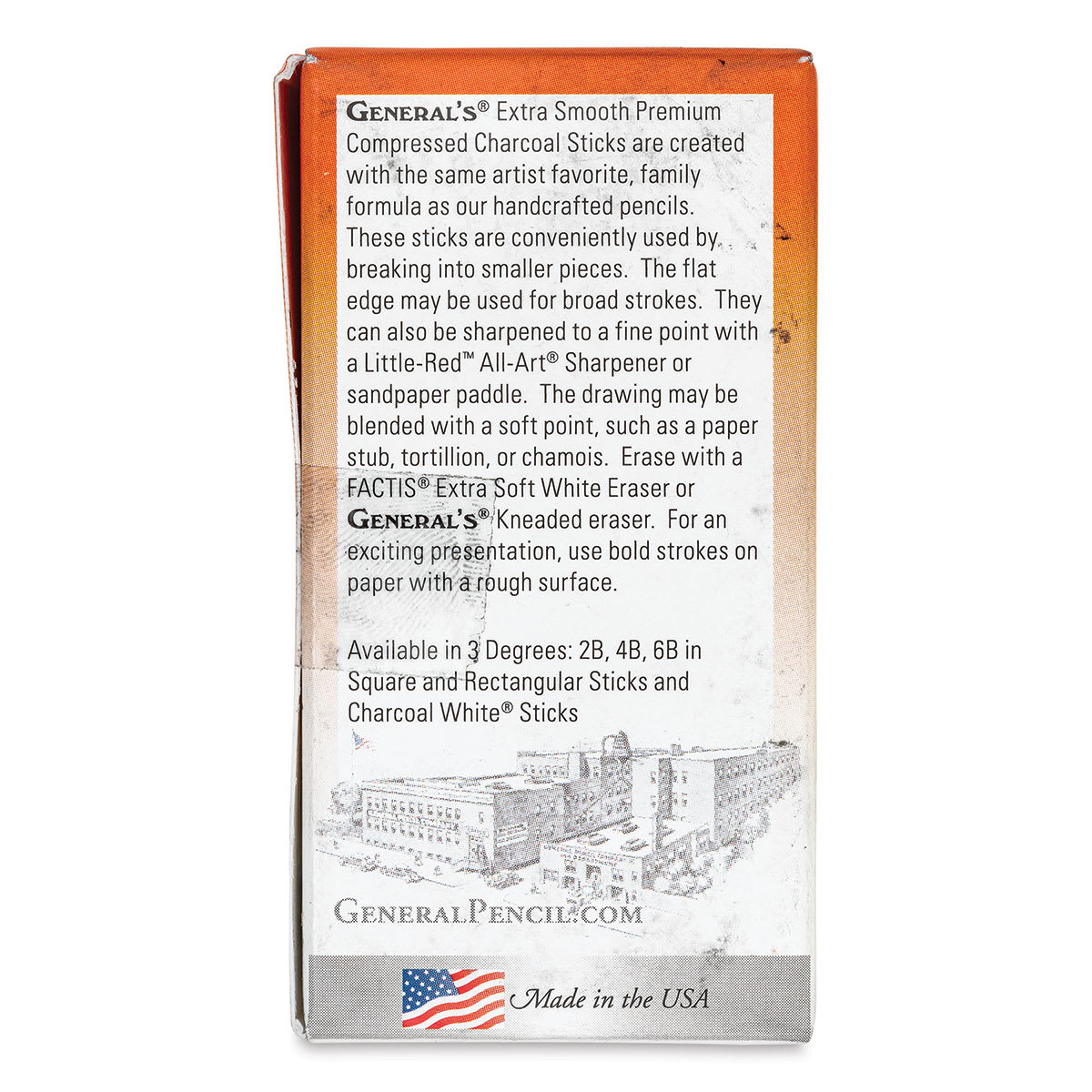 General’s Jumbo Compressed Charcoal - 2B, Box of 6 Sticks, back of the packaging
