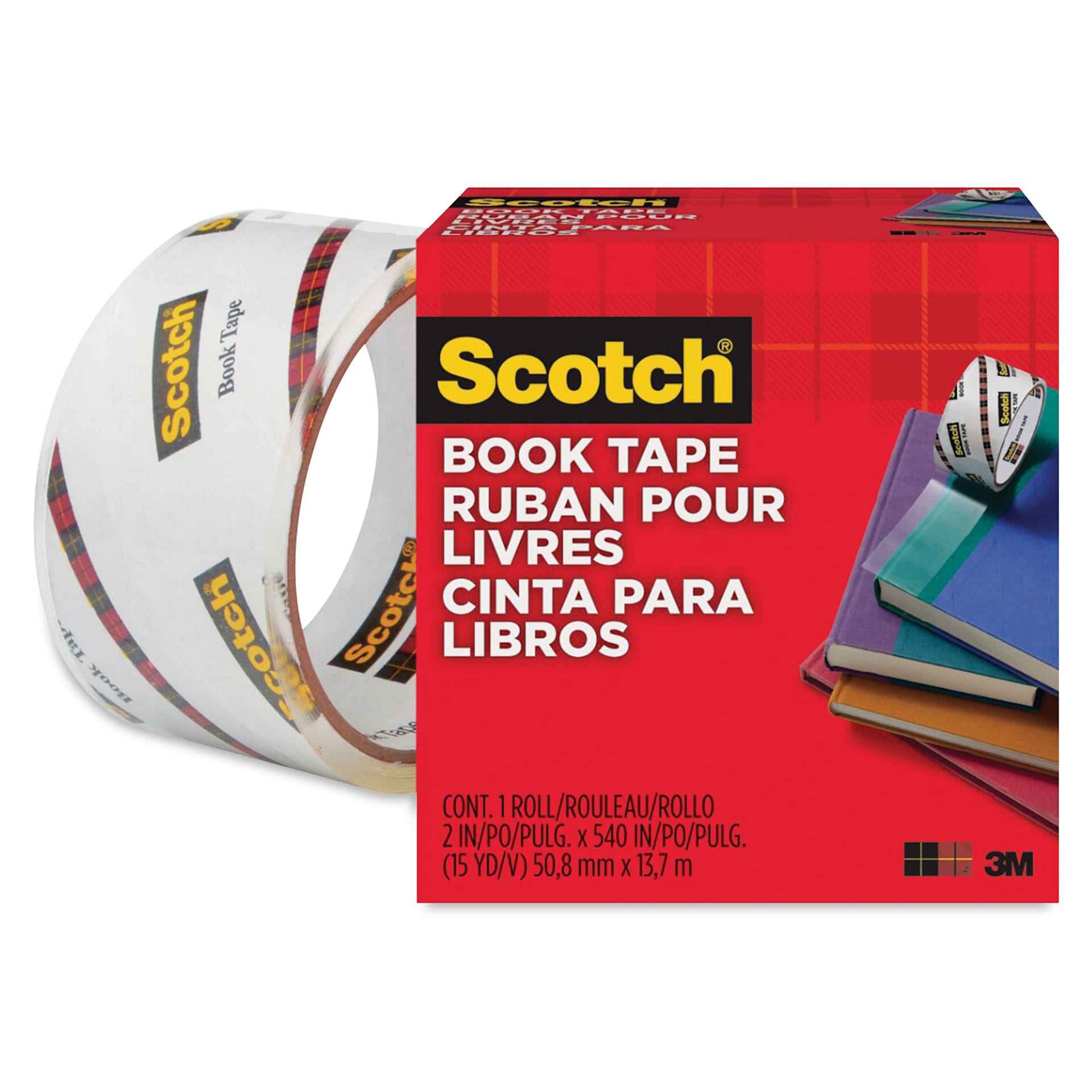 Scotch Book Tape - 2" x 15 Yards, roll shown next to packaging