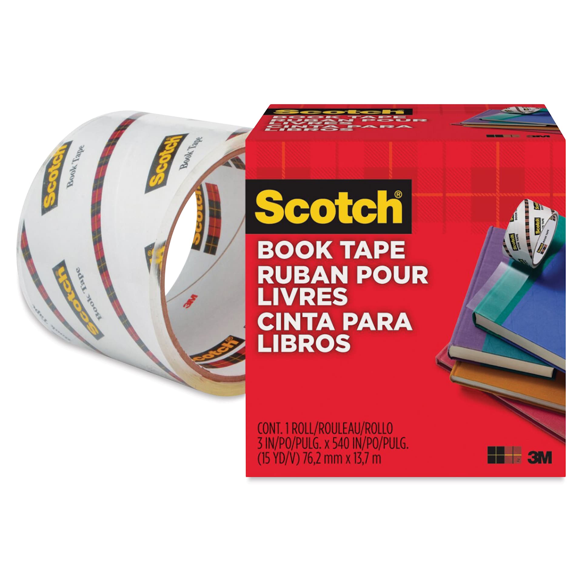 Scotch Book Tape - 3" x 15 Yards, roll shown next to packaging