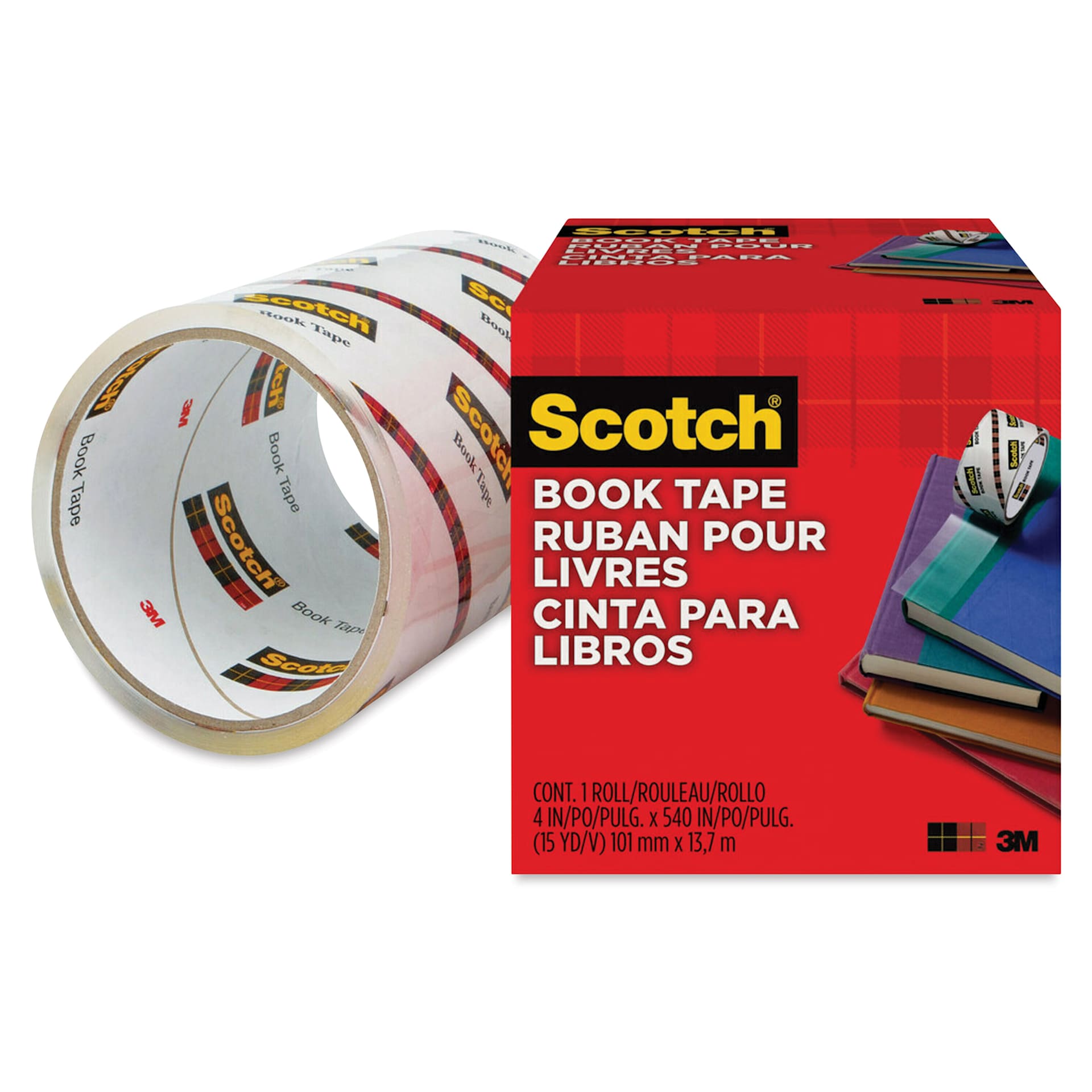 Scotch Book Tape - 4" x 15 Yards, roll shown next to packaging