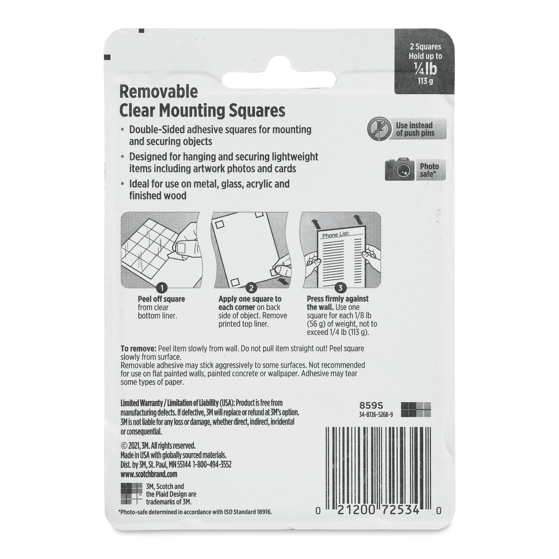 Scotch Removable Clear Mounting Squares - Pkg of 35, back of the packaging Scotch Removable Clear Mounting Squares - Pkg of 35, back of the packaging