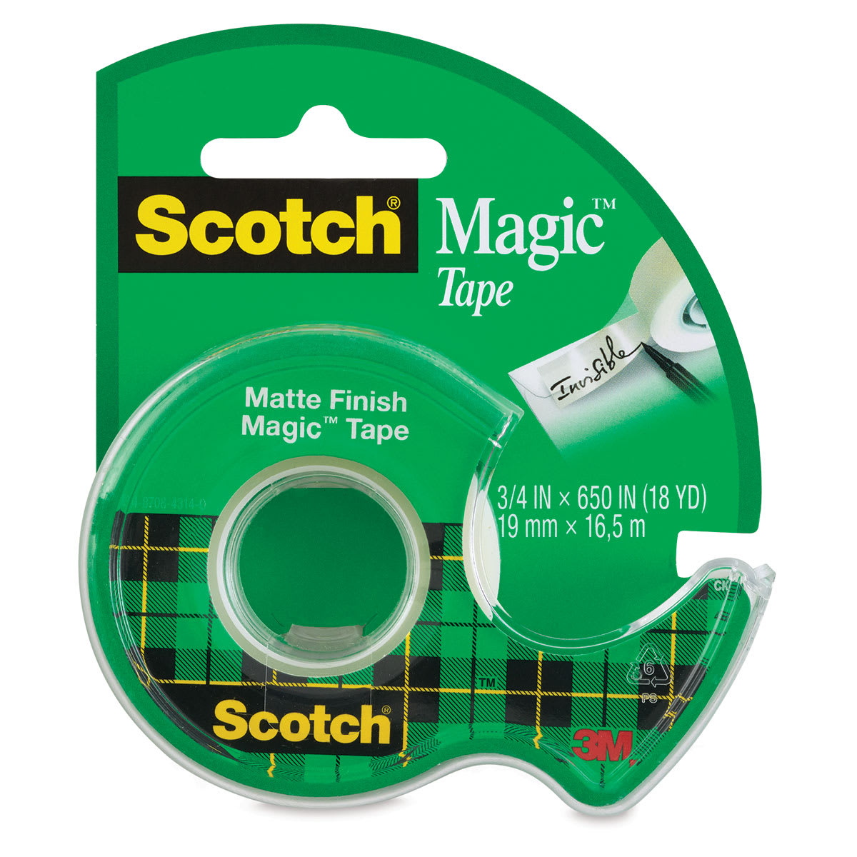 Scotch Magic Transparent Tape - Side view of large package of 3/4" Tape in dispenser 