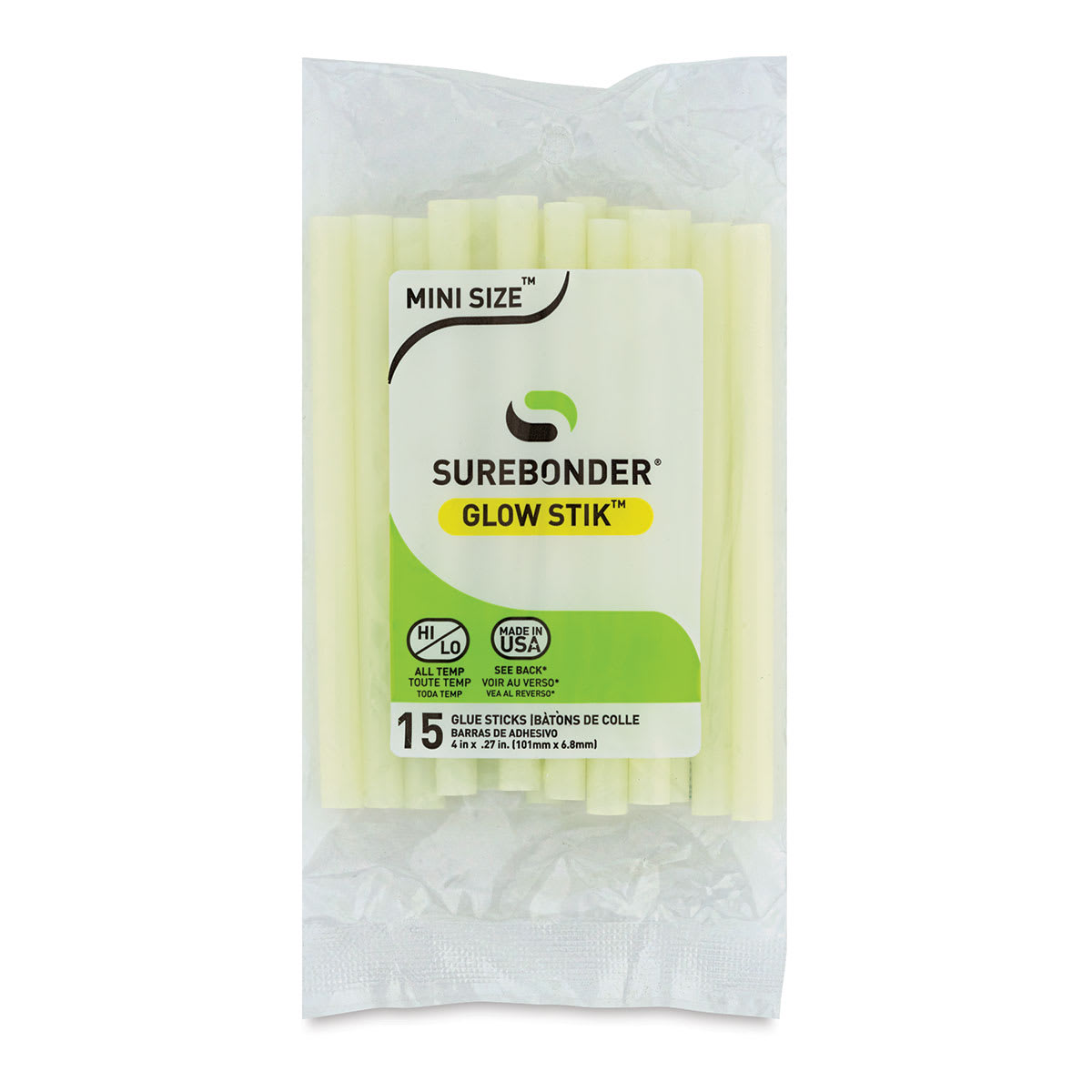 Surebonder All-Temp Mini Glow in the Dark Glue Sticks - Front of package of 15 Sticks
