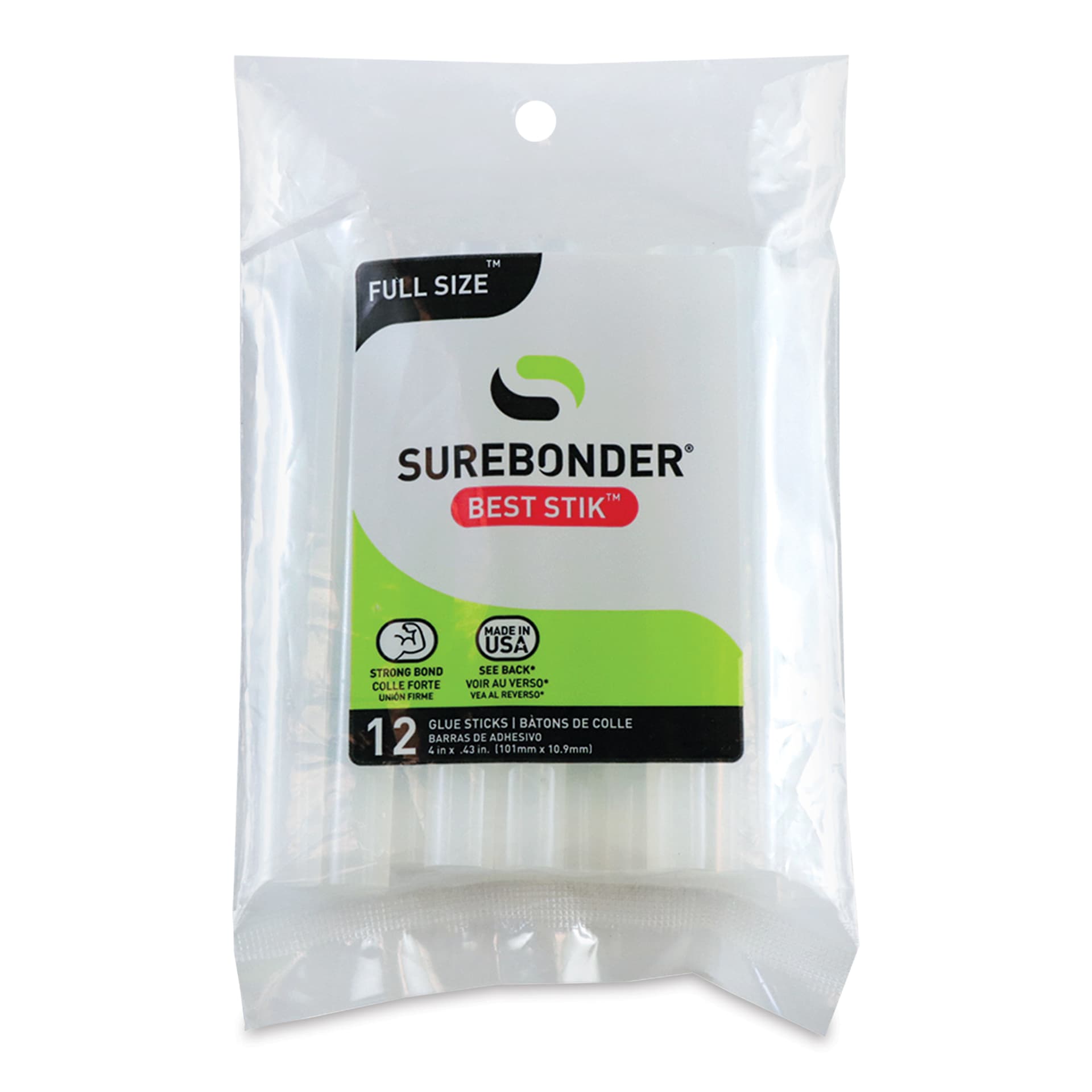 Surebonder Best Stik Special Surface All-Temp Glue Sticks - Front of Package of 12 stick shown
