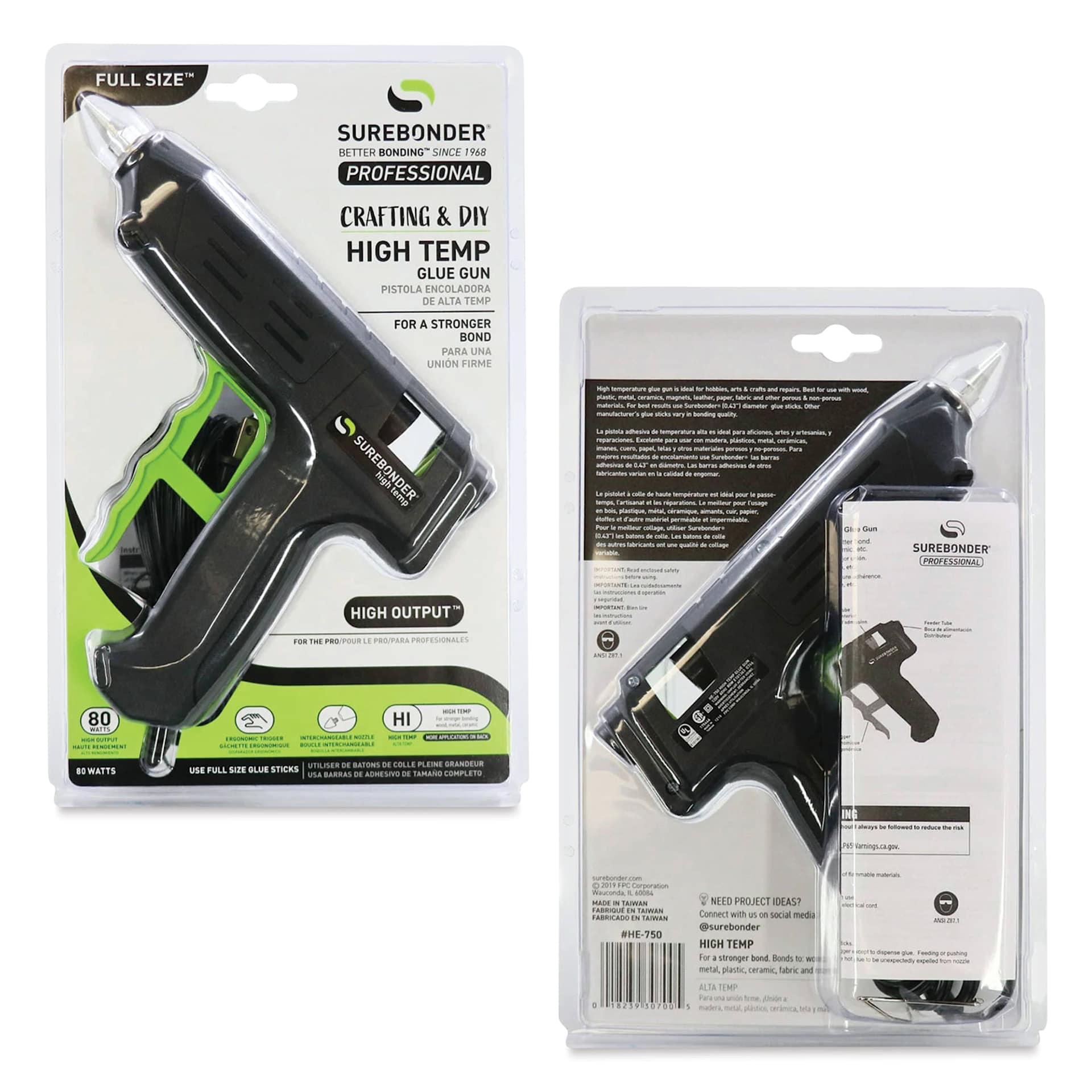 Surebonder Professional Series High Temp Glue Gun, front and back of the packaging