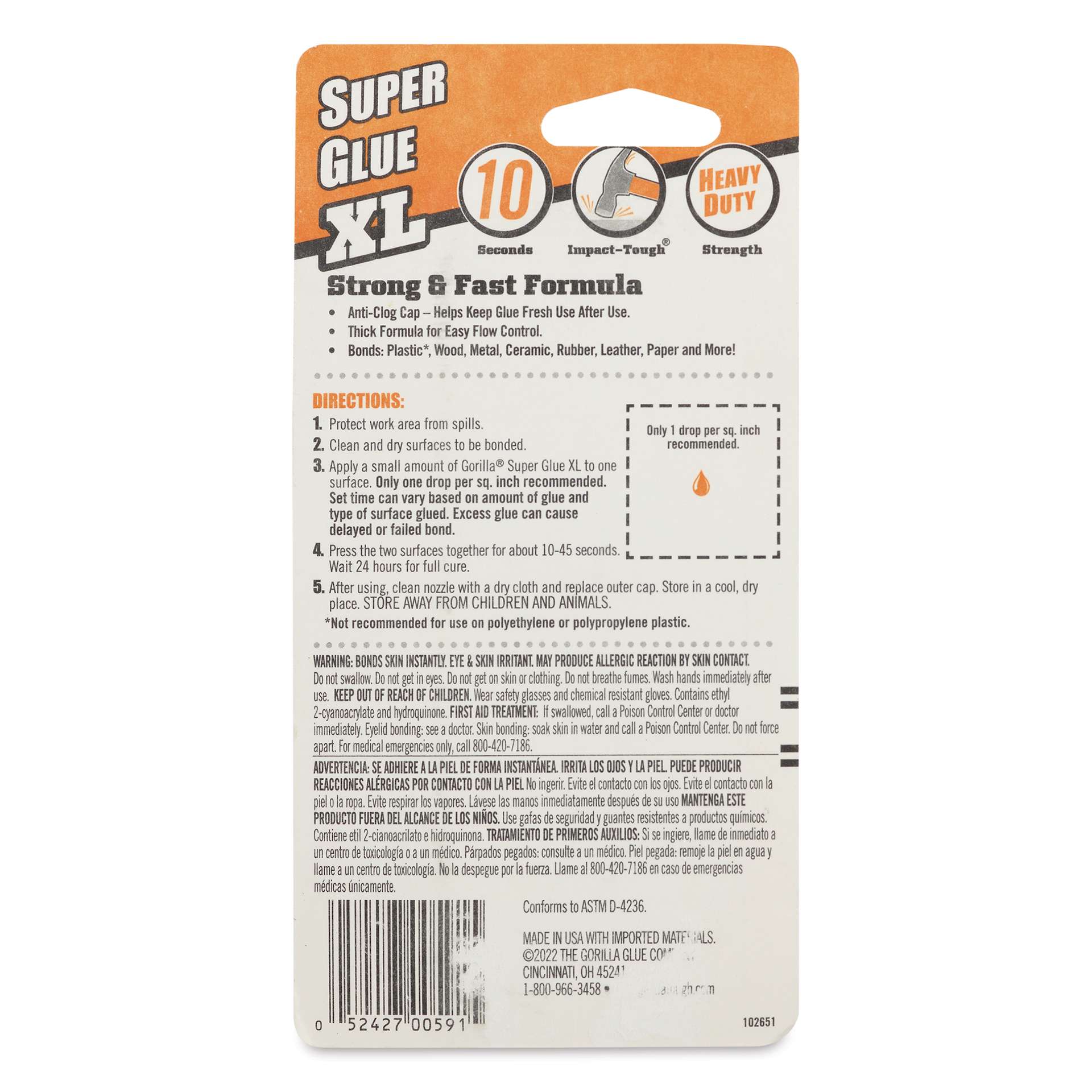 Gorilla Super Glue XL - 0.88 oz - back of packaging