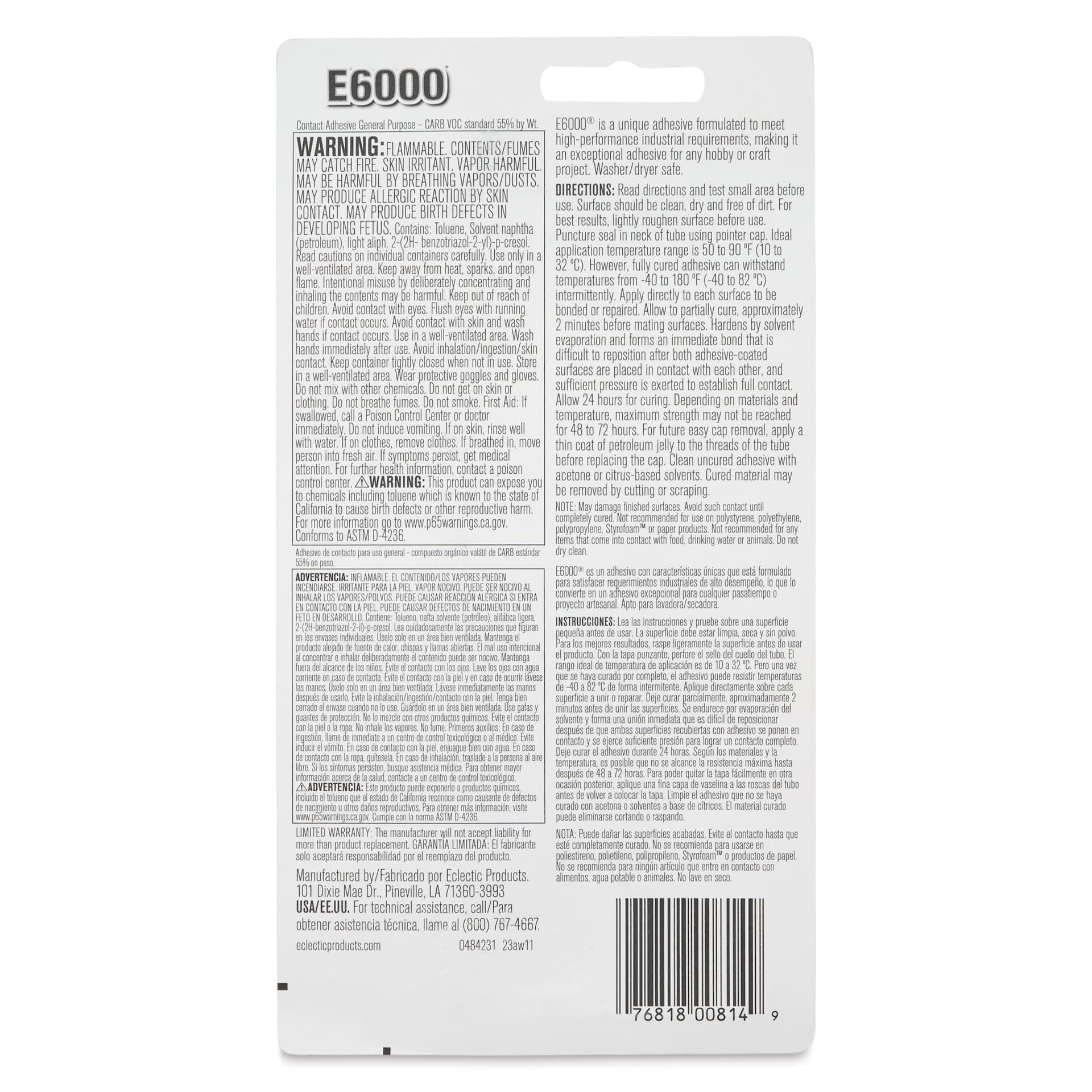 E6000 Industrial Strength Contact Adhesive - 3.7 oz, back of packaging