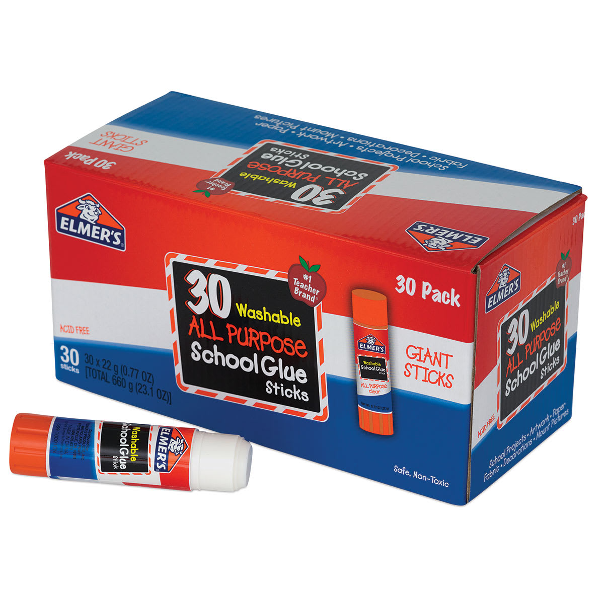 Elmer's All Purpose Washable Clear Glue Sticks- 30 pc package of .77oz size, one stick in front Elmer's All Purpose Washable Clear Glue Sticks- 30 pc package of .77oz size, one stick in front
