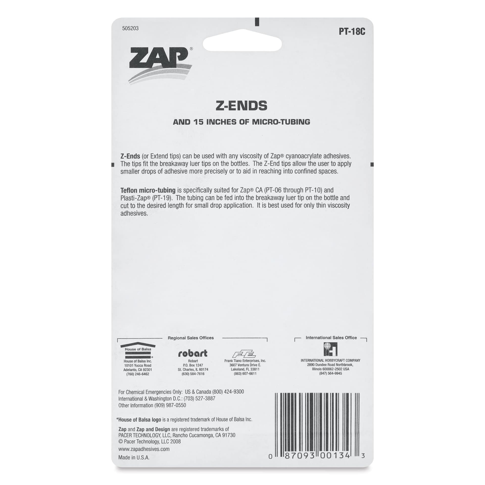 Zap Z-Ends CA Glue Bottle Extender Tips and Micro-Tubing - Pkg of 10, back of the packaging