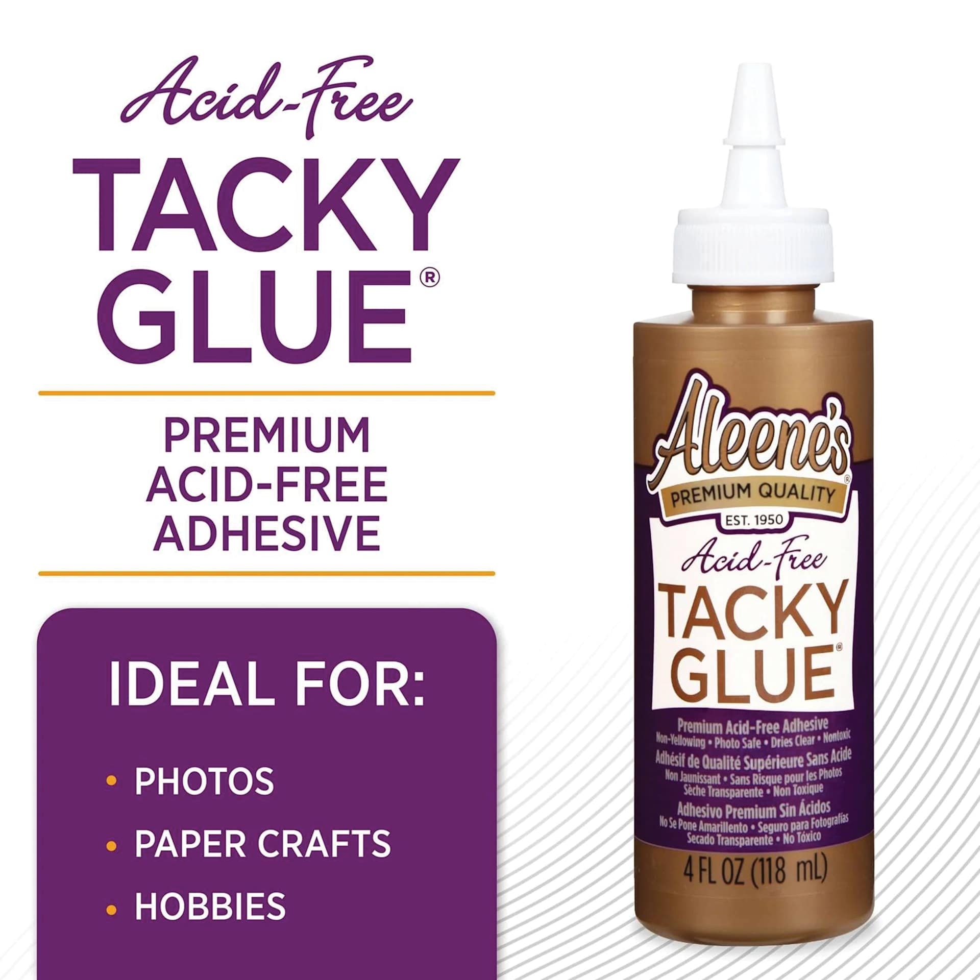 Aleene’s Acid-Free Tacky Glue, Premium acid-free adhesive. Ideal for: Photos, paper crafts, hobbies. 