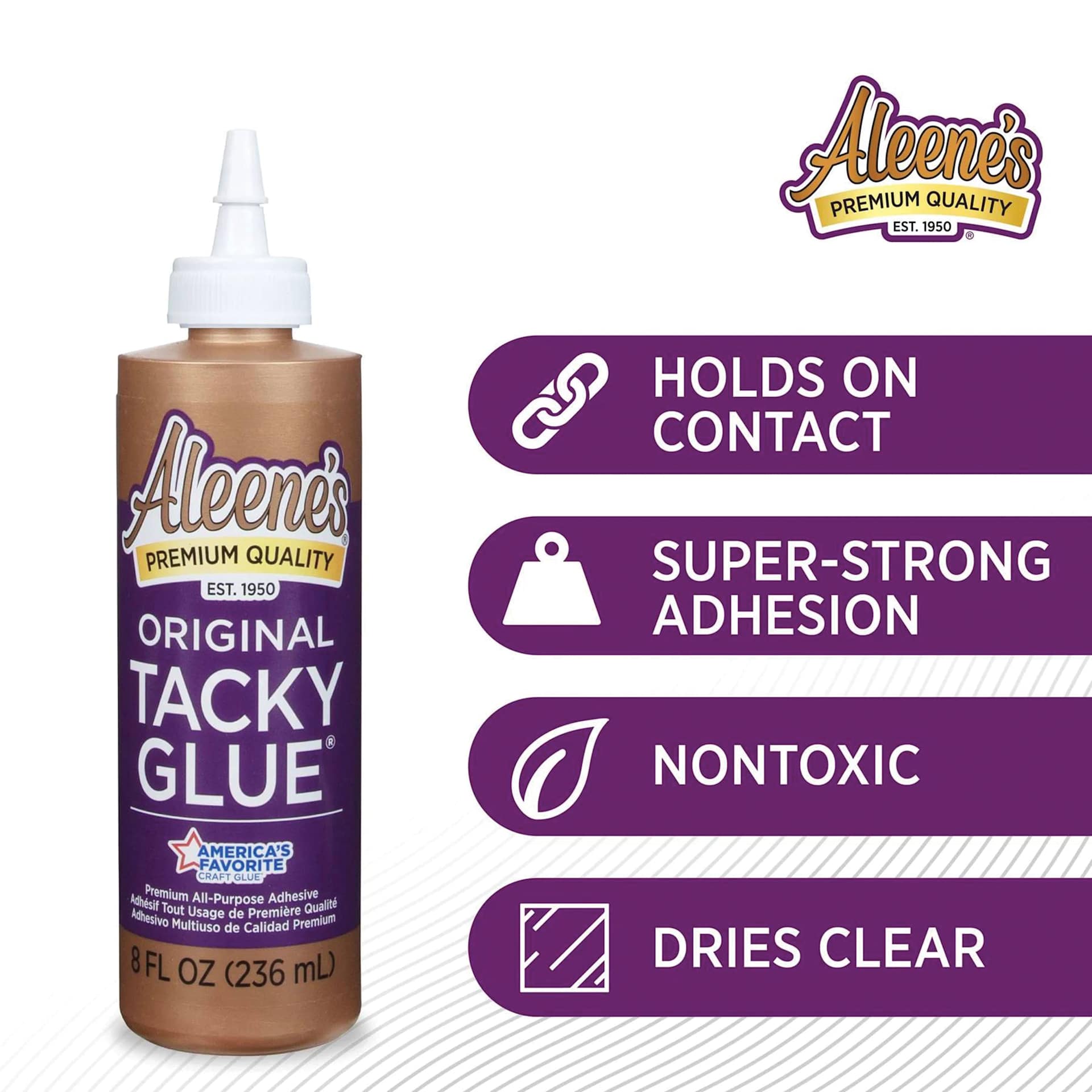 Holds on contact, super-strong adhesion, nontoxic, dries clear