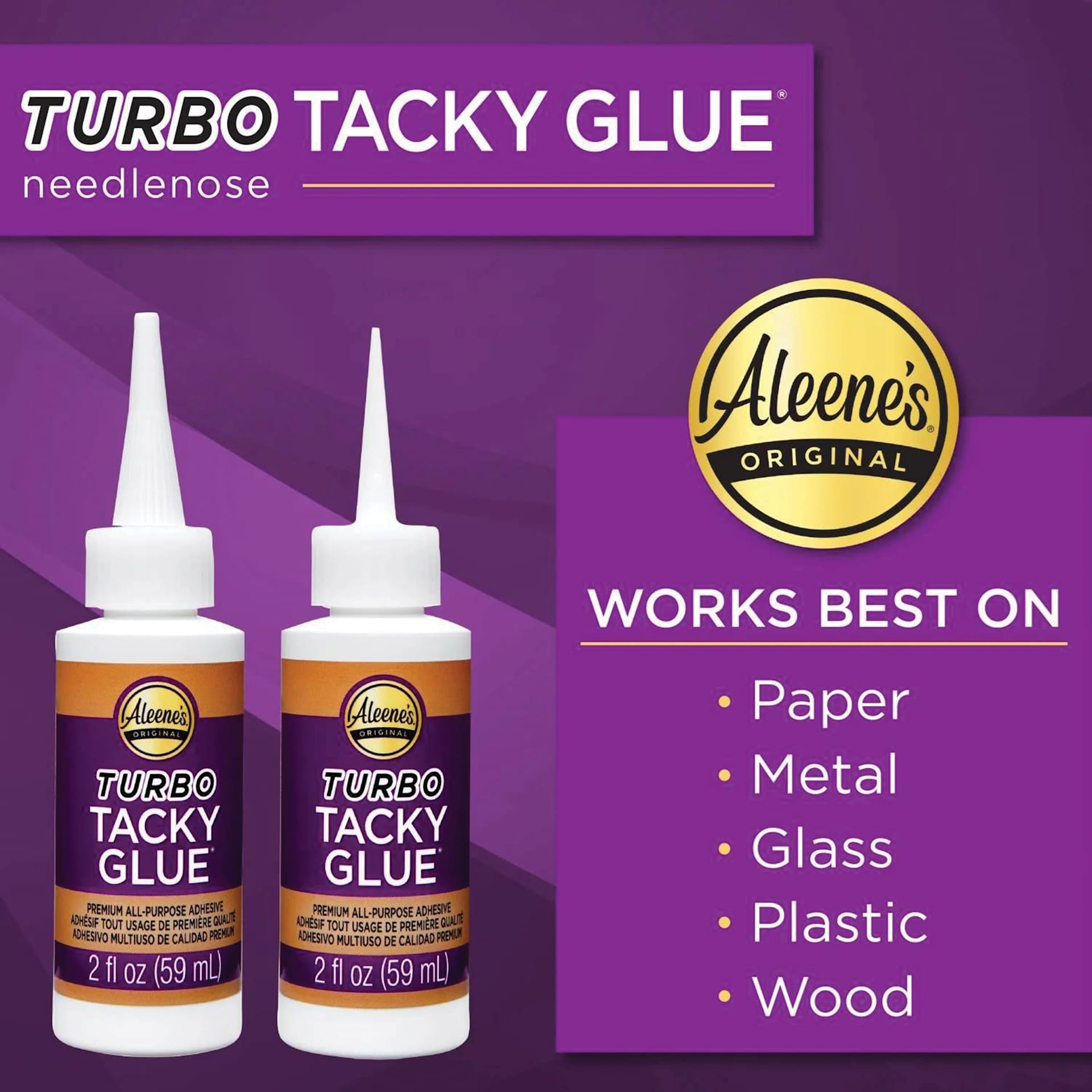 Aleene's Turbo Tacky Glue, works best on: paper, metal, glass, plastic, wood. 