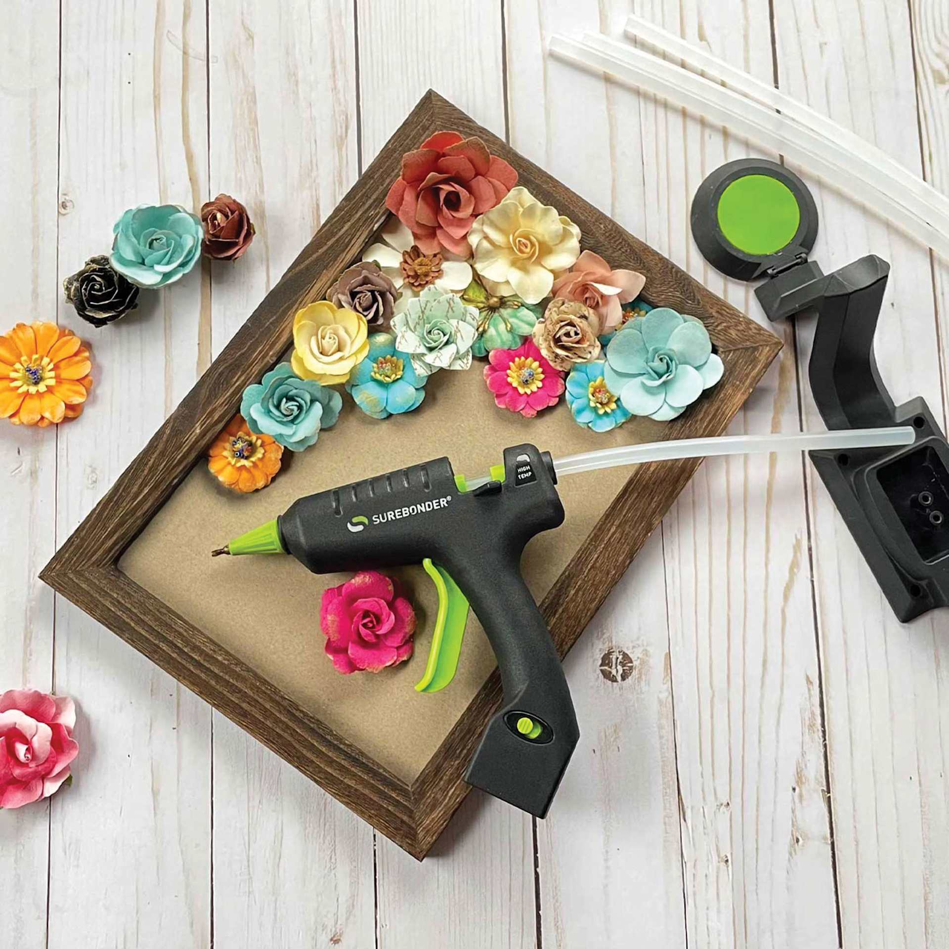 Surebonder Specialty Series Mini Cordless High Temp Glue Gun, on top of craft project