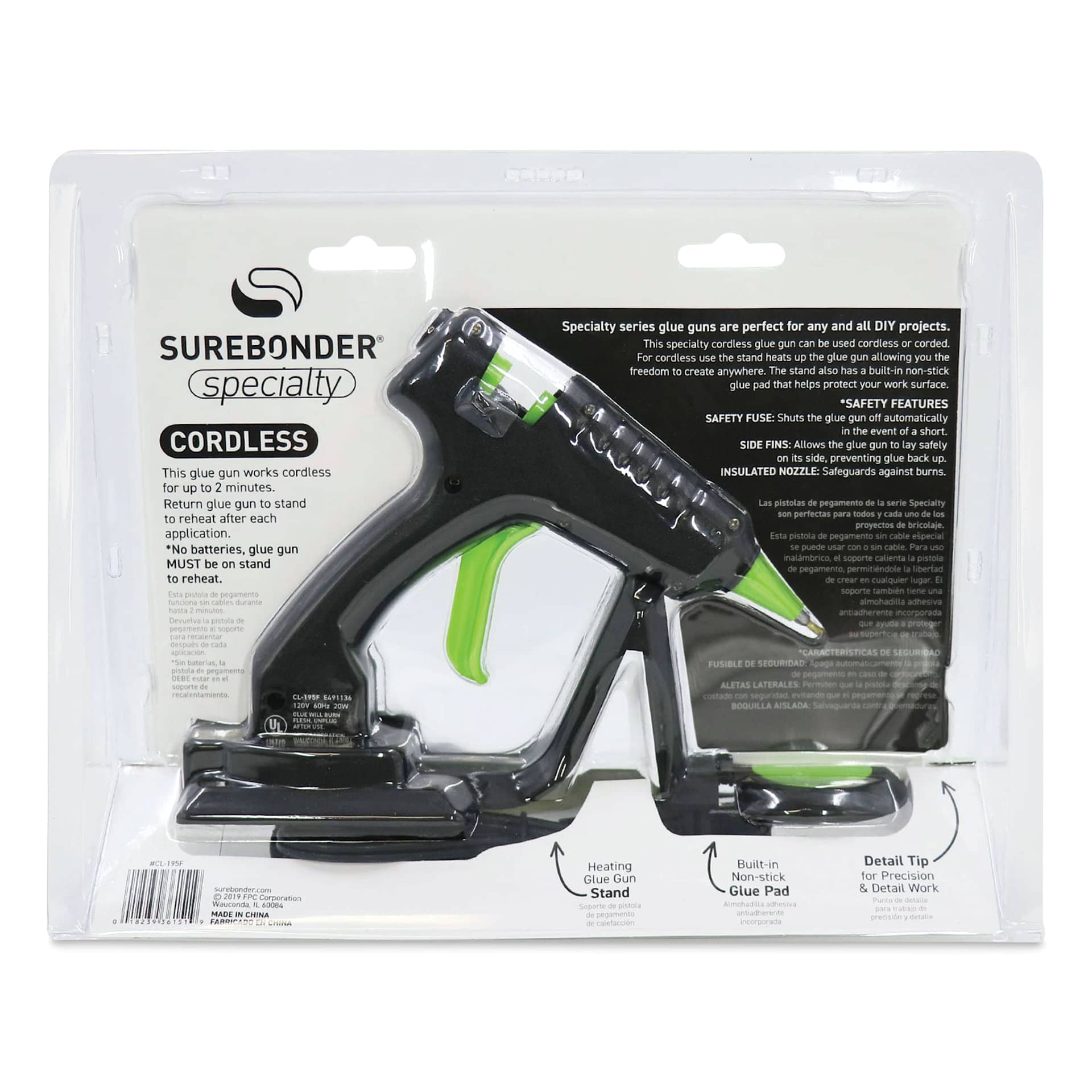 Surebonder Specialty Series Mini Cordless High Temp Glue Gun, back of the packaging