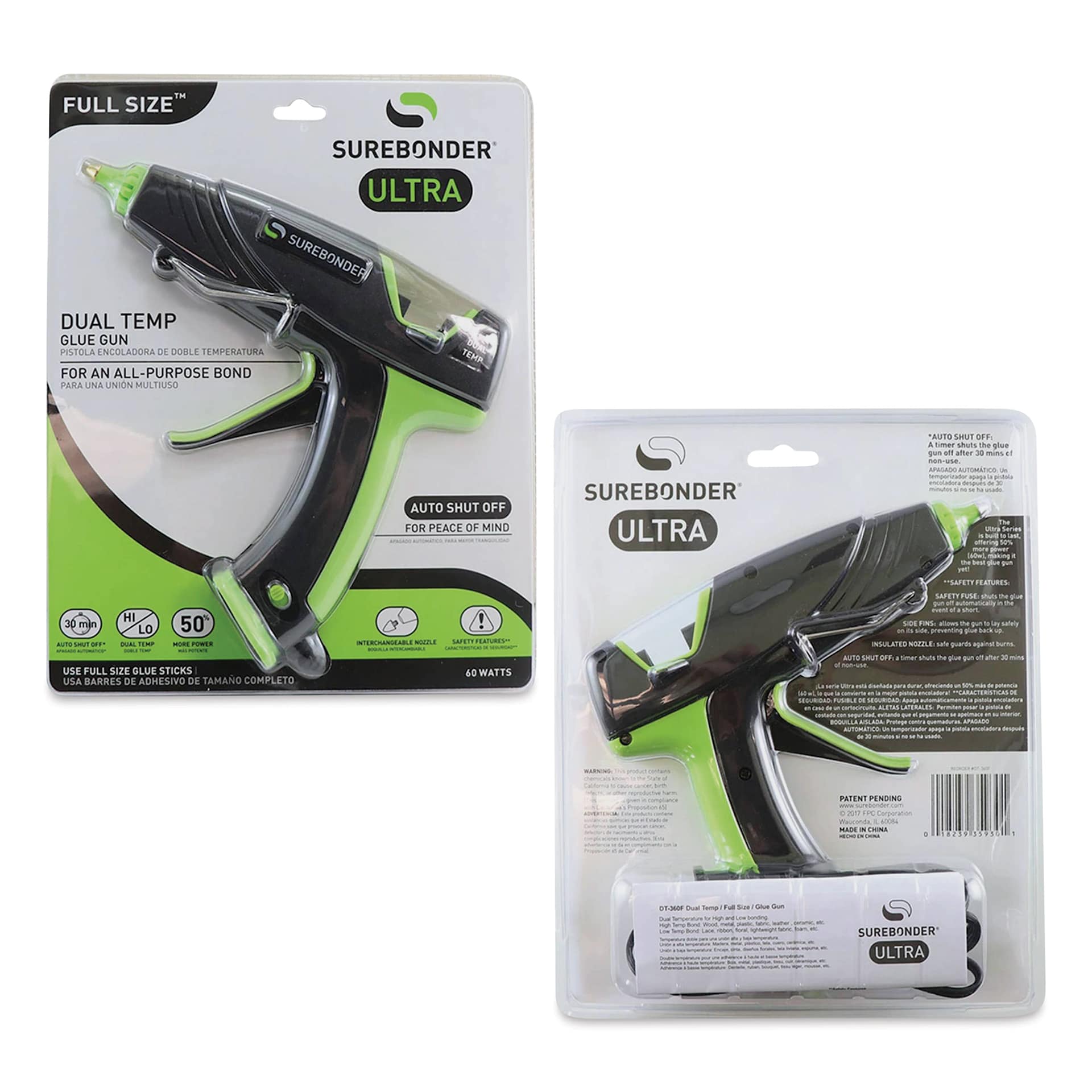 Surebonder Ultra Series Dual Temp Glue Gun - 60 Watt, front and back of the packaging