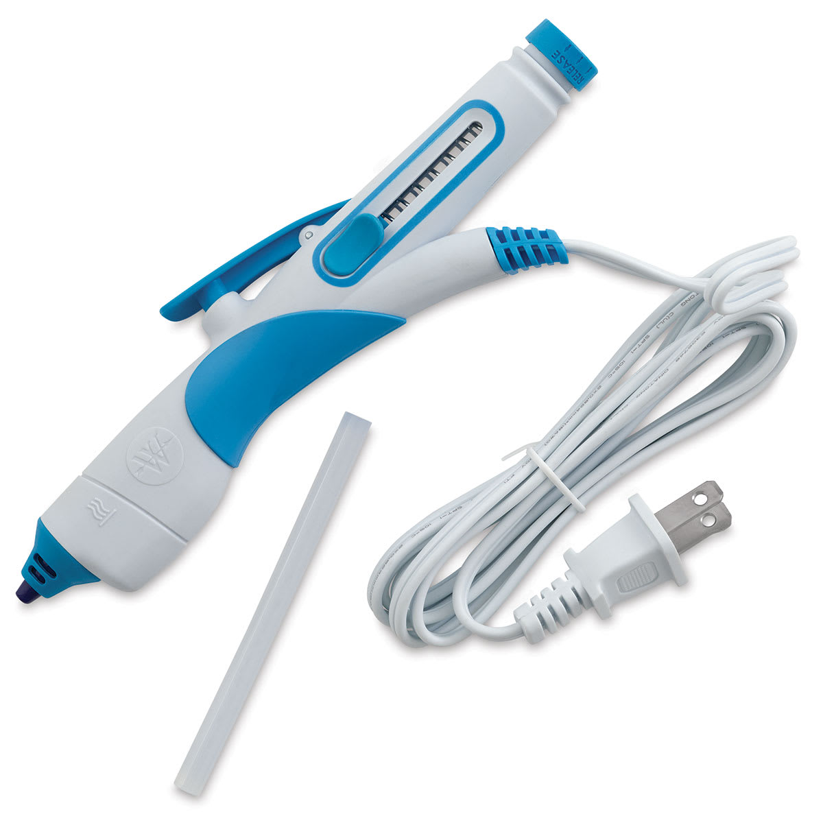 Westcott ProjectMate Premium Dual Temp Hot Glue Pen - Angled view of pen and glue stick
