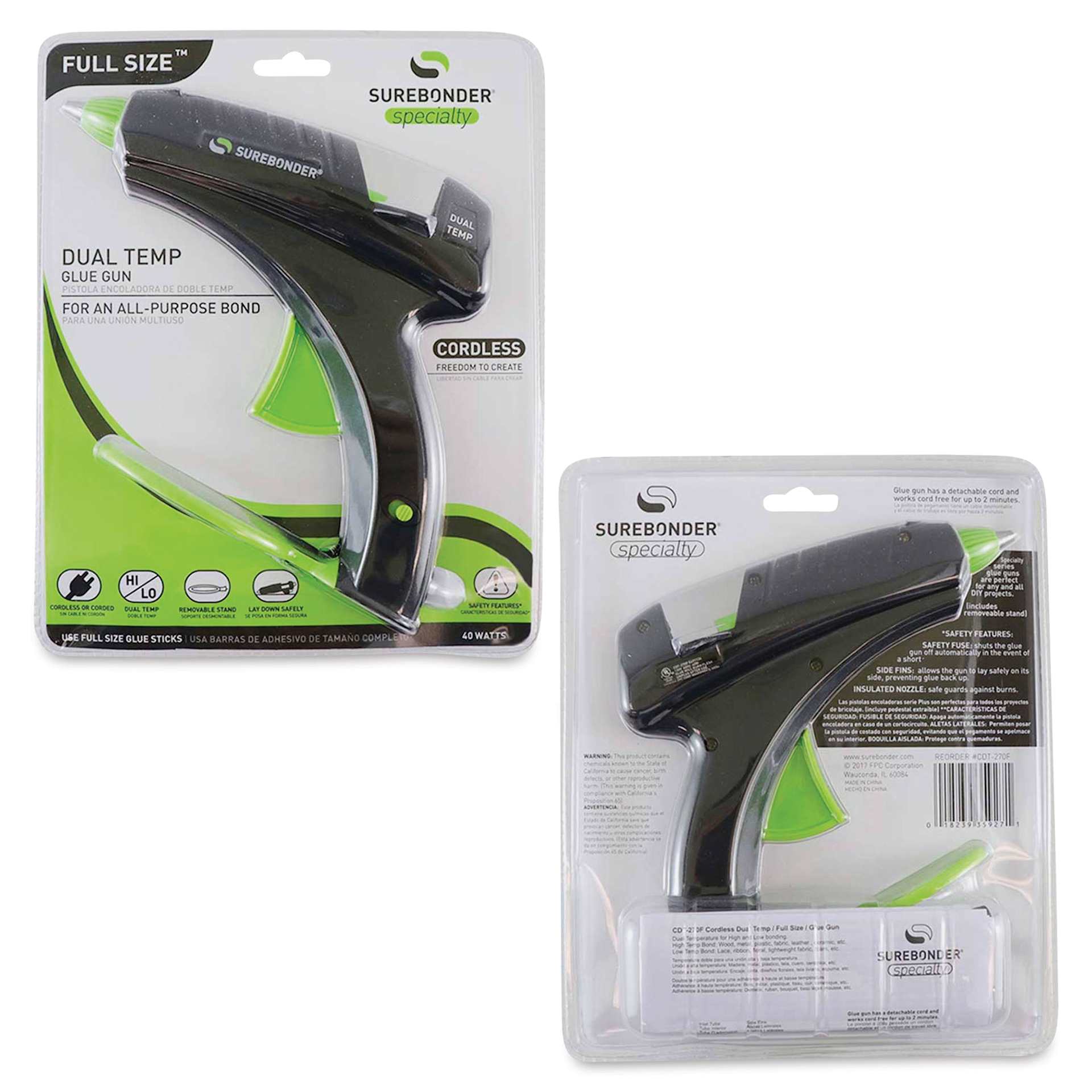 Surebonder Specialty Series Cordless Dual Temp Glue Gun, front and back of the packaging. 