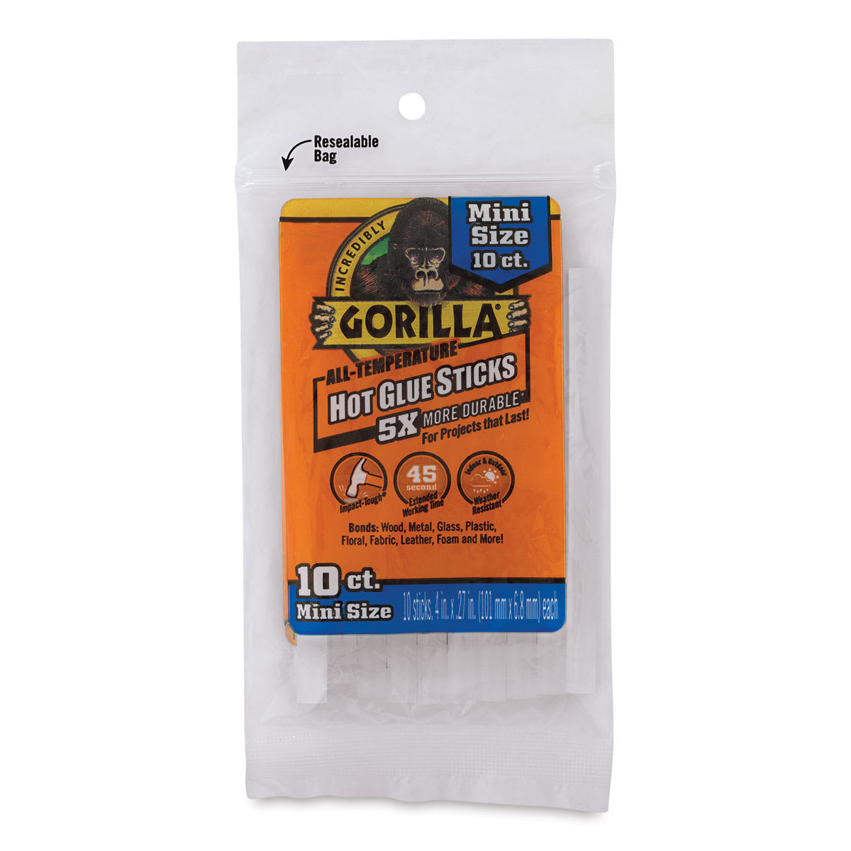 Gorilla Glue All-Temp Mini Hot Glue Sticks - Front view of package of 10 Glue Sticks