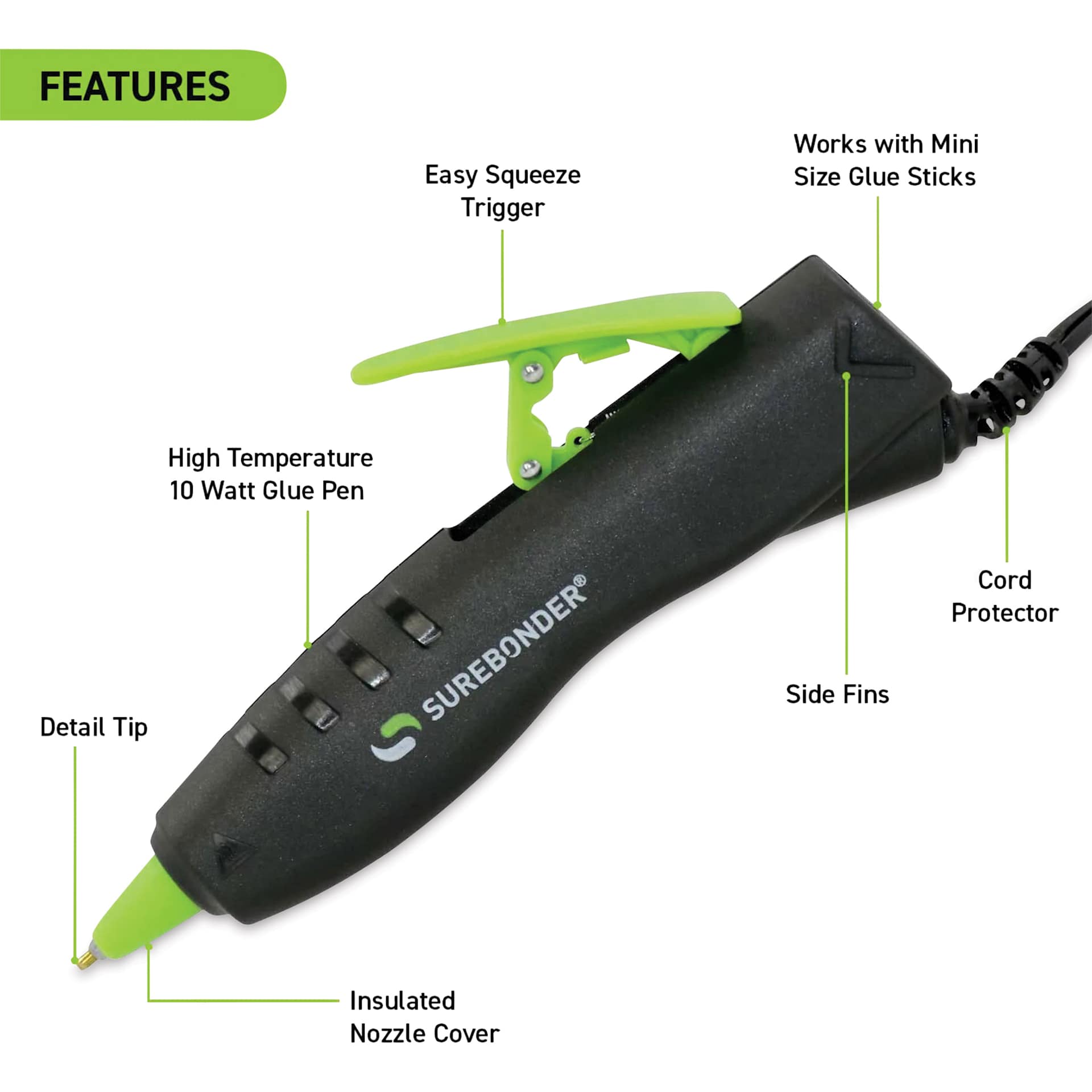 Surebonder Specialty Series Detail Tip Dual Temp Mini Hot Glue Pen, explanation of the features.