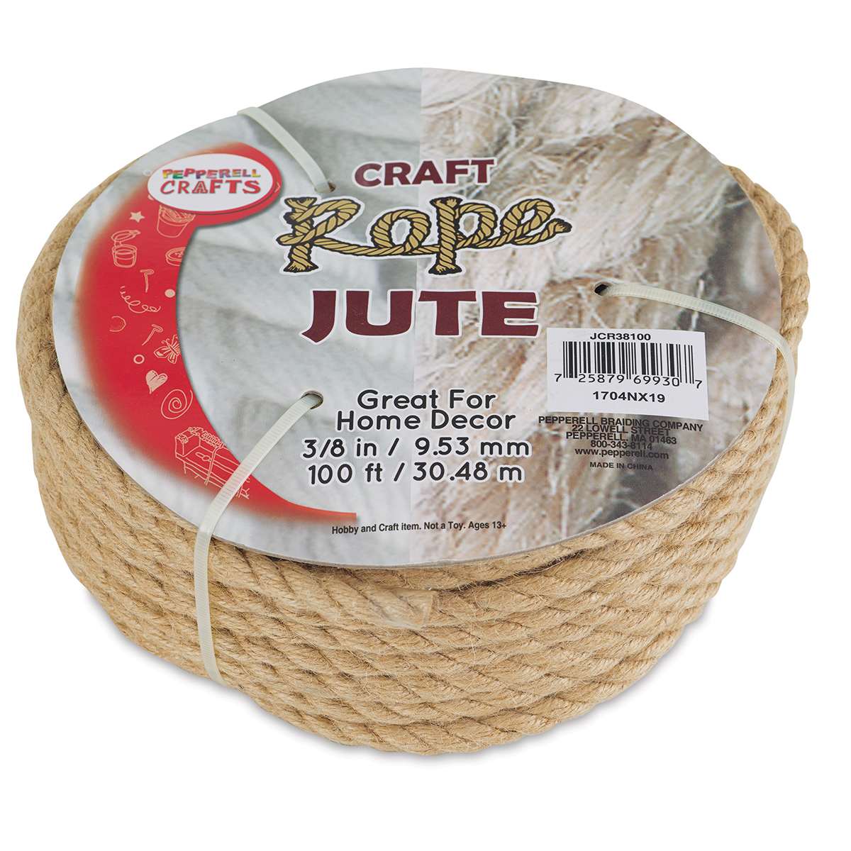 Pepperell Craft Natural Jute Craft Rope - Top angled view of 100 ft coiled Rope with label